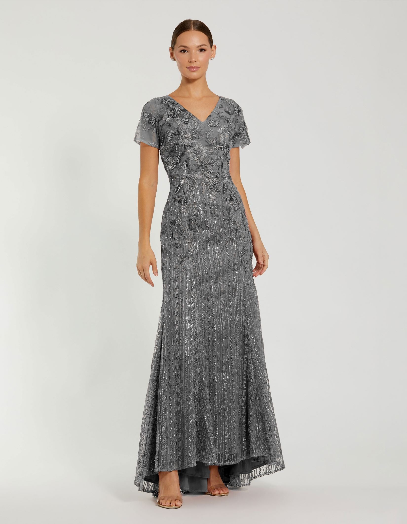 Embellished V Neck Cap Sleeve Trumpet Gown