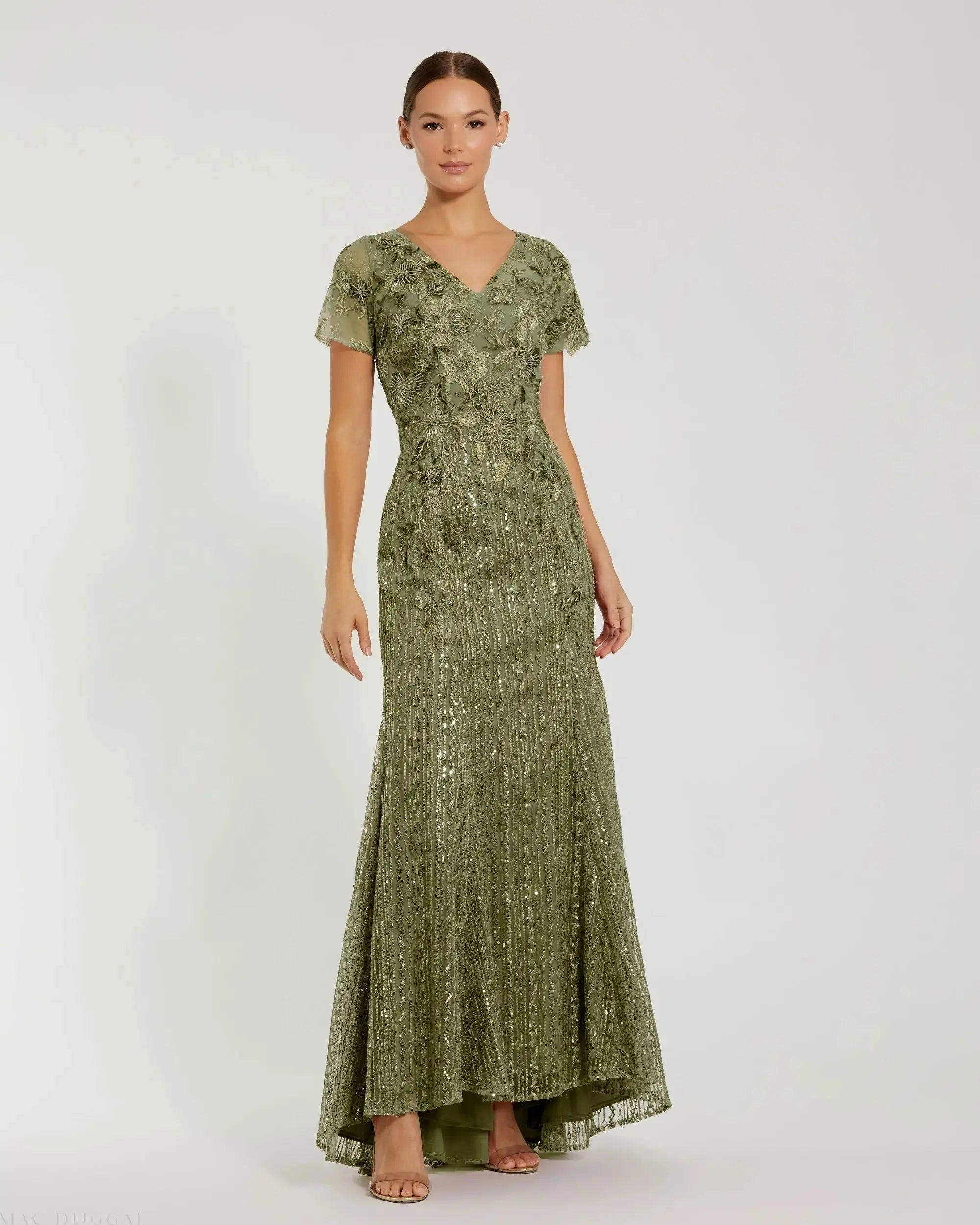 Green Faux Wrap Embroidered Cap Sleeve Gown | Mac Duggal Green Faux Wrap Embroidered Cap Sleeve Gown | Mac Duggal