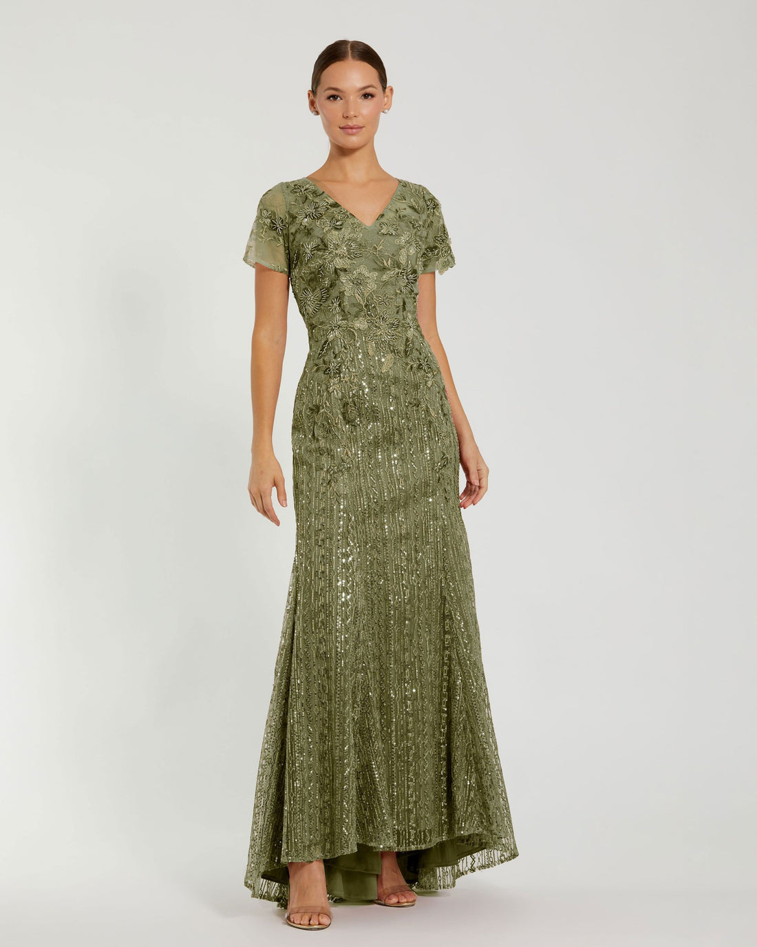 Embellished V Neck Cap Sleeve Trumpet Gown