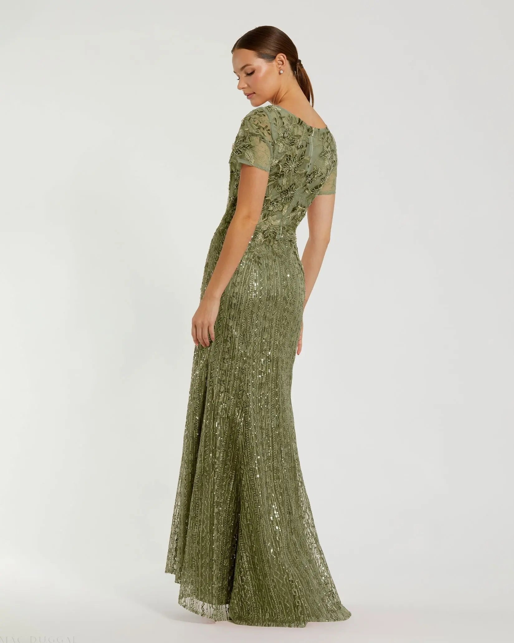 Green Embellished V Neck Cap Sleeve Trumpet Gown - Mac Duggal