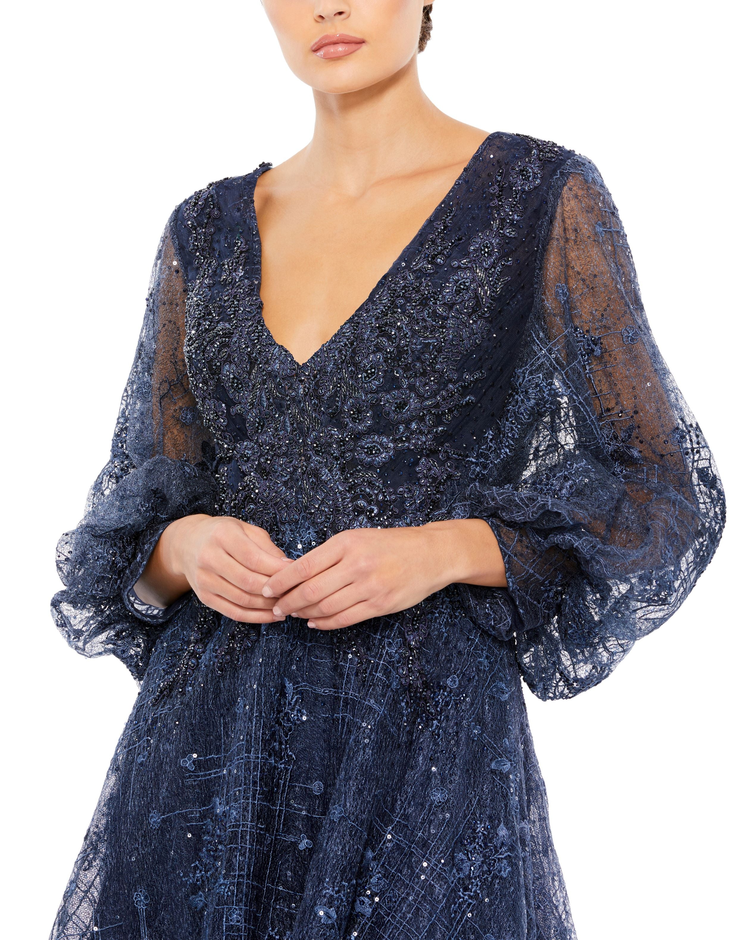Embellished Plunge Neck Puff Sleeve A Line Gown