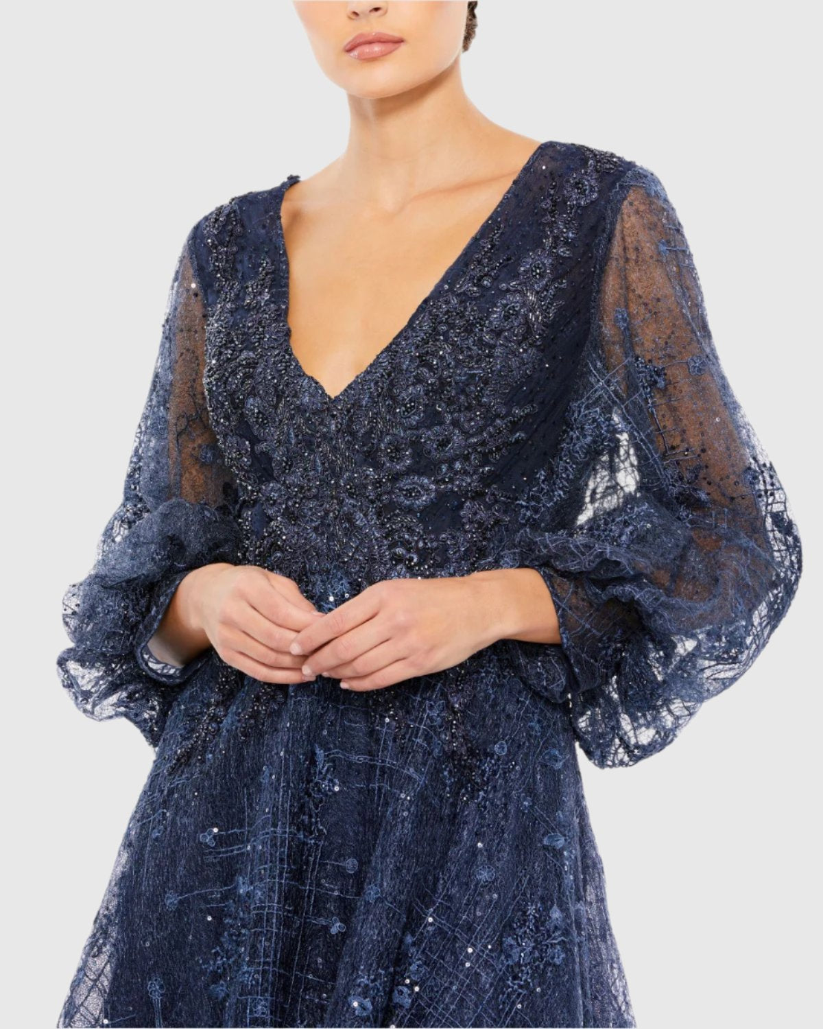 Blue Embellished Plunge Neck Puff Sleeve A Line Gown