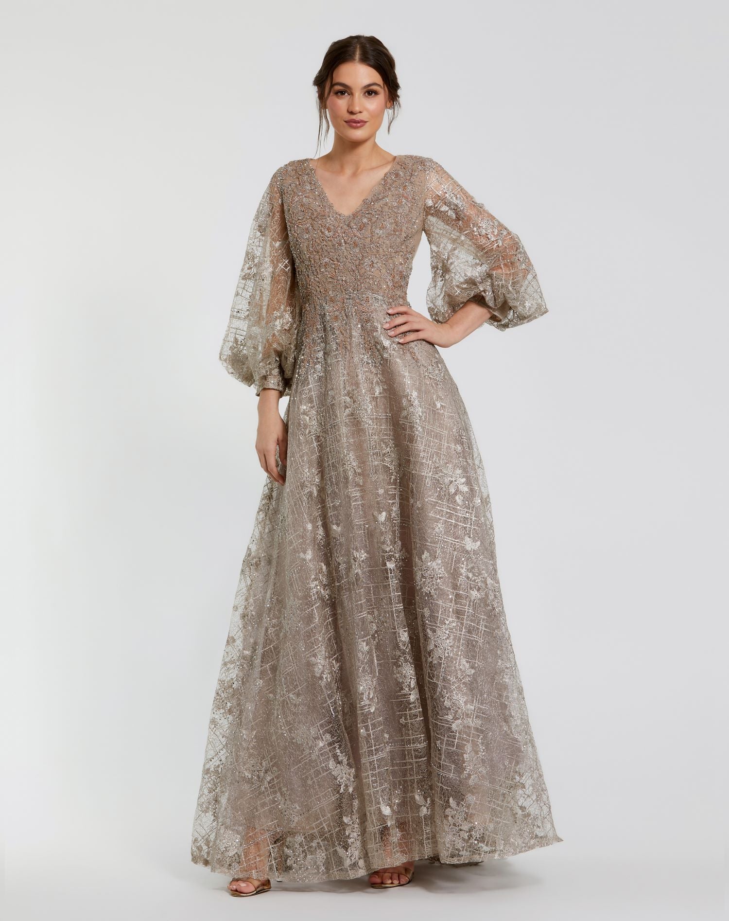 Embellished Plunge Neck Puff Sleeve A Line Gown