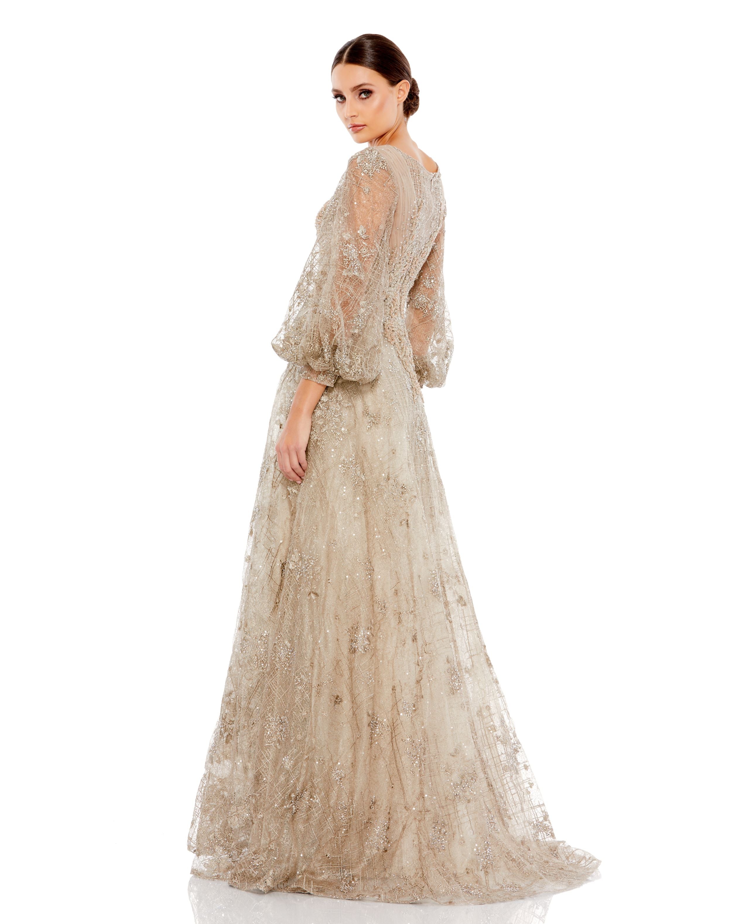 Embellished Plunge Neck Puff Sleeve A Line Gown