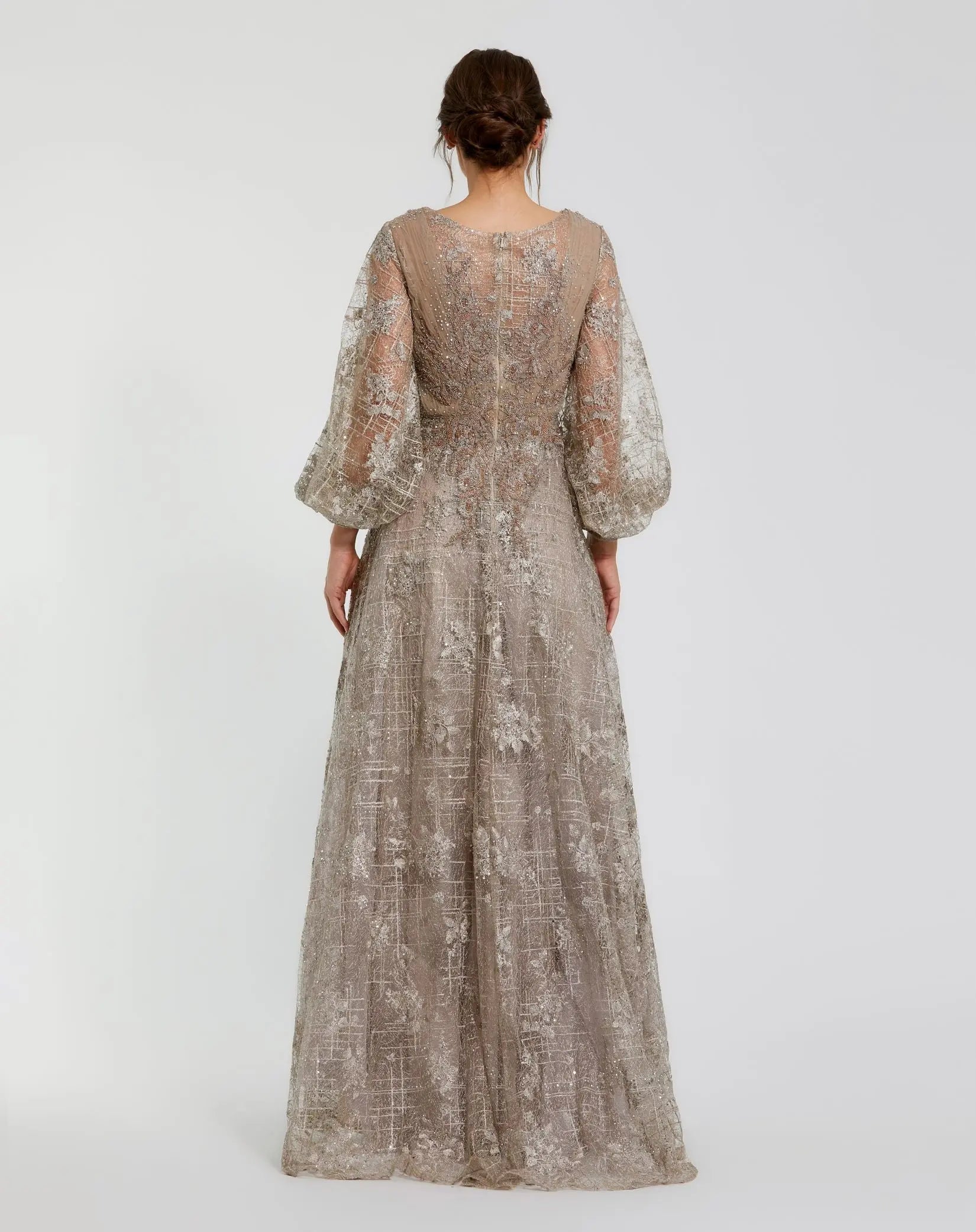 Beige Embellished Plunge Neck Puff Sleeve A Line Gown - Mac Duggal Beige Embellished Plunge Neck Puff Sleeve A Line Gown - Mac Duggal