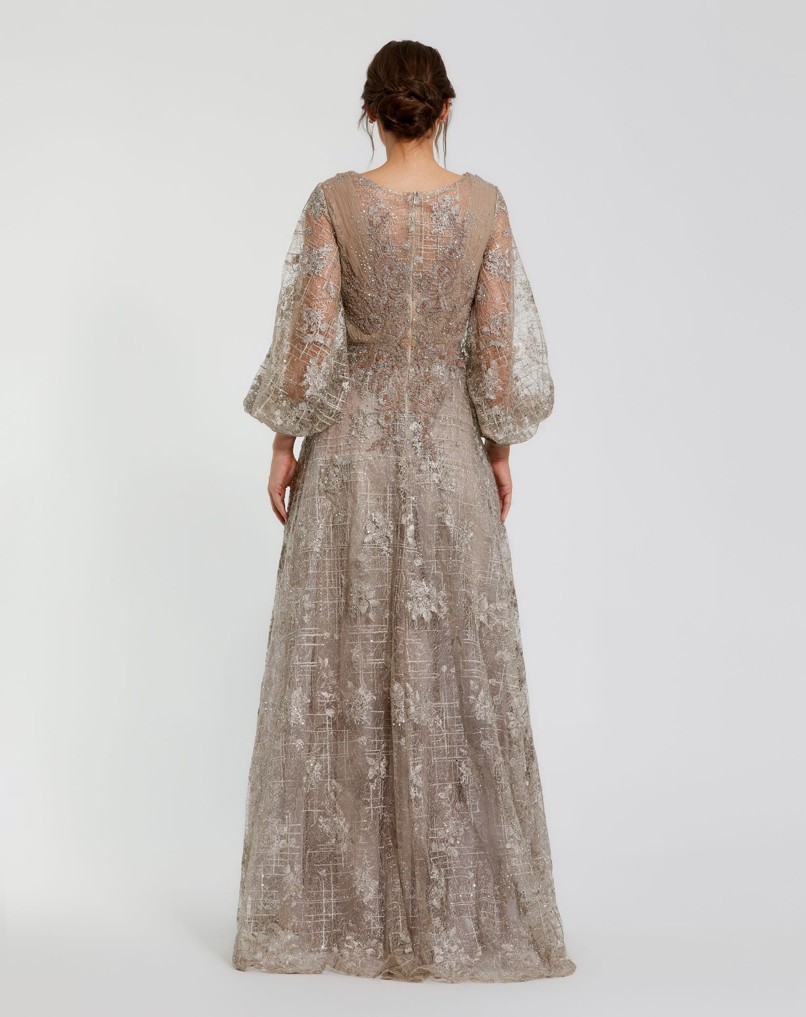 Embellished Plunge Neck Puff Sleeve A Line Gown