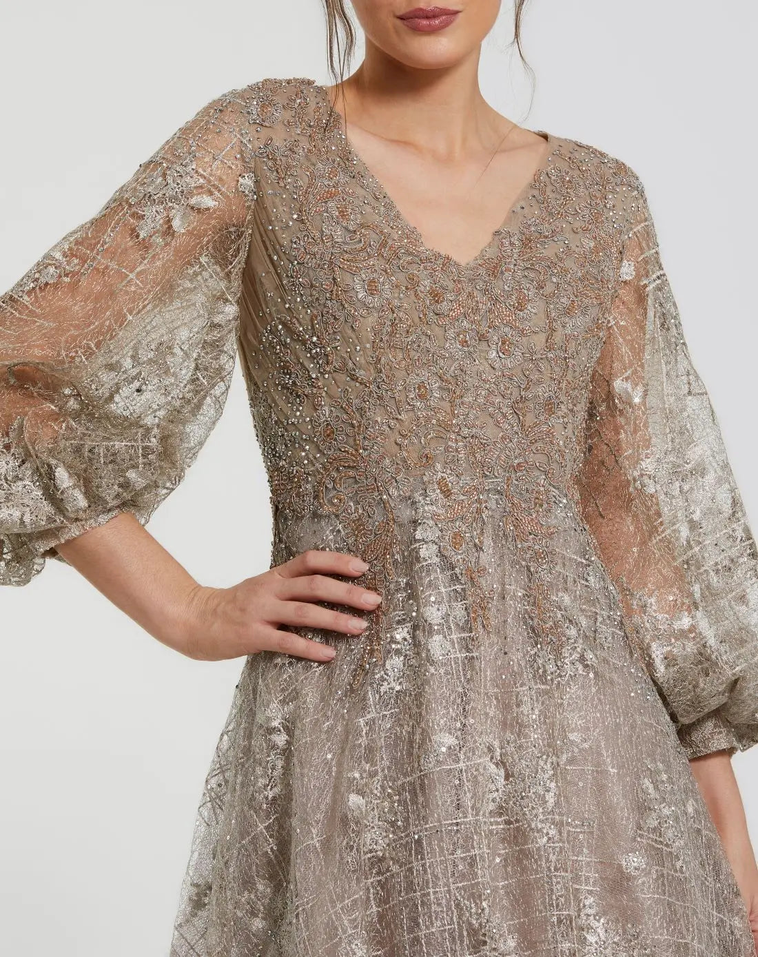 Beige Embellished Plunge Neck Puff Sleeve A Line Gown - Mac Duggal