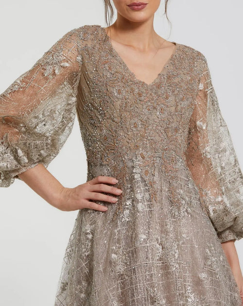 Beige Embellished Plunge Neck Puff Sleeve A Line Gown - Mac Duggal