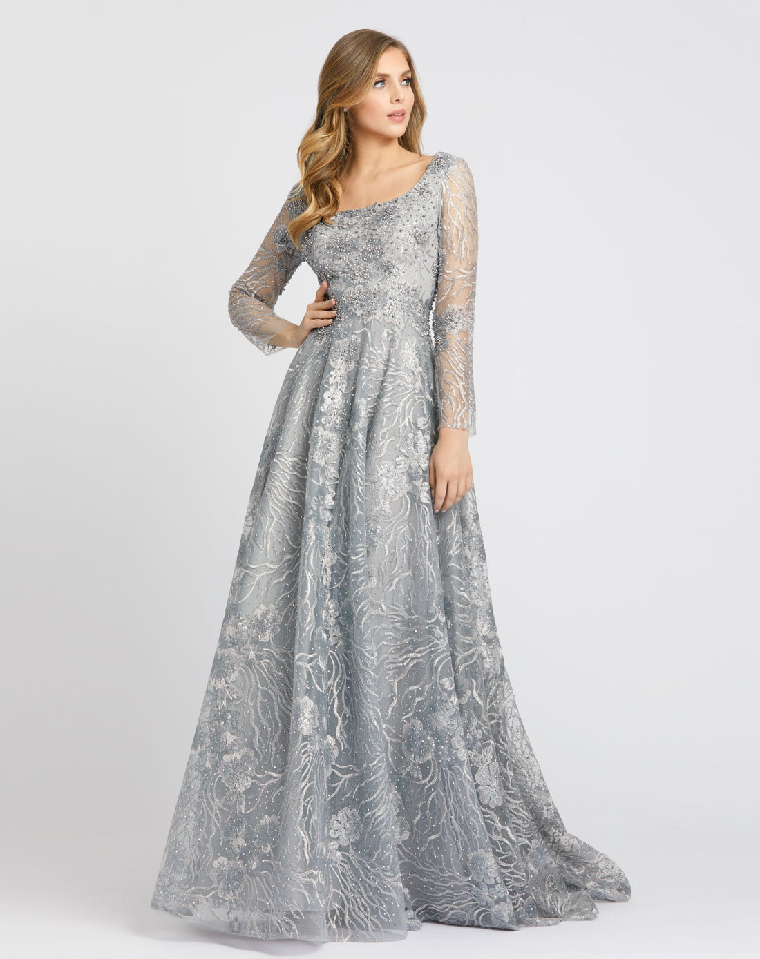 Jewel Encrusted Long Sleeve Square Neck Gown