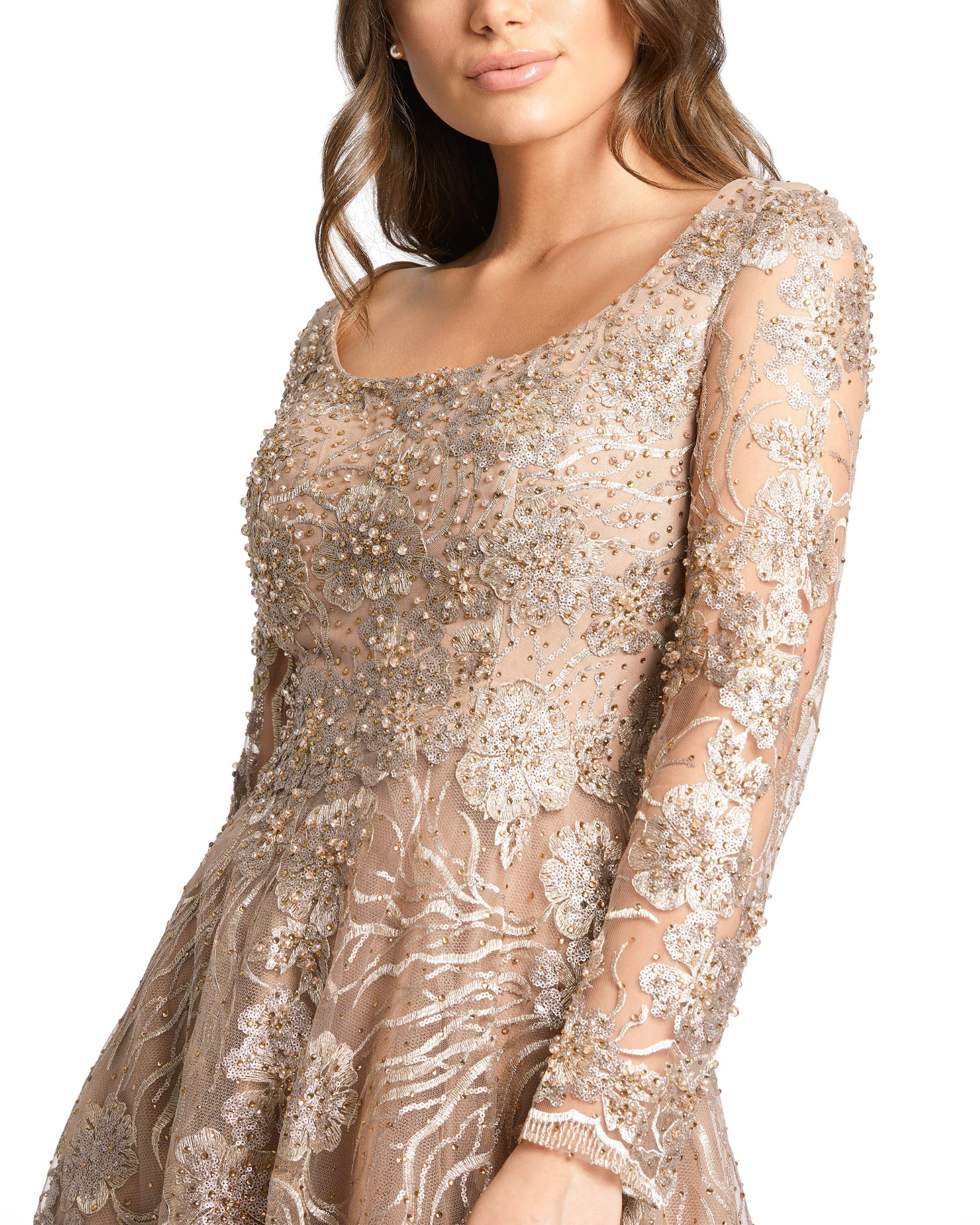 Jewel Encrusted Long Sleeve Square Neck Gown - FINAL SALE