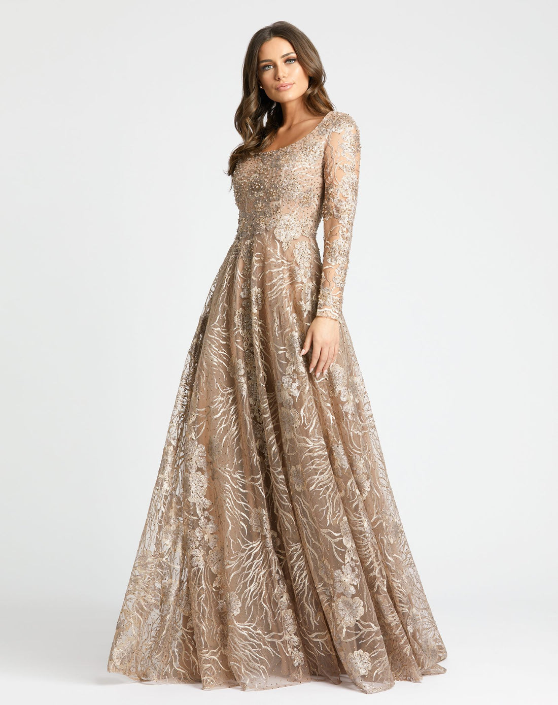 Jewel Encrusted Long Sleeve Square Neck Gown