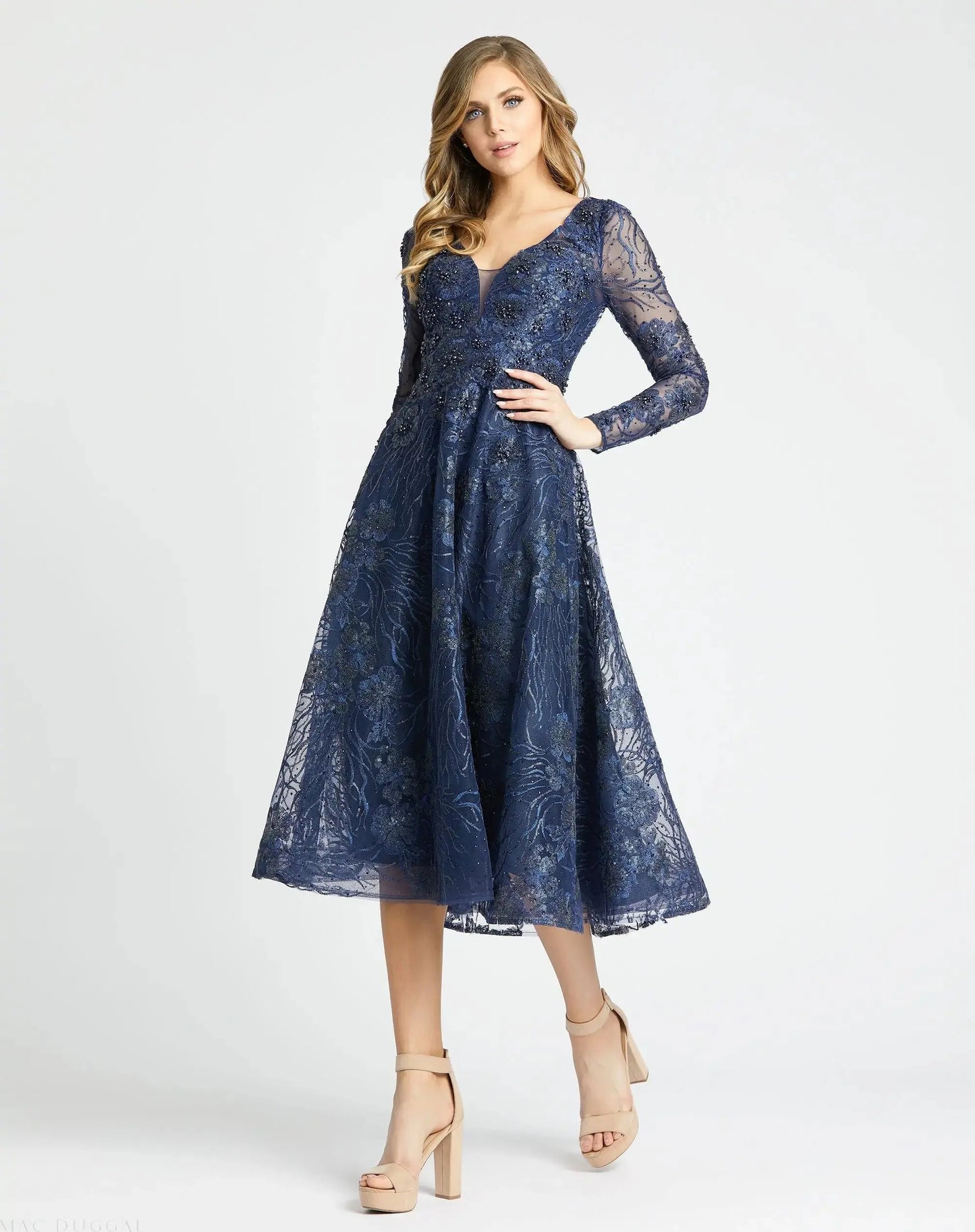 Navy Embellished Plunge Neck Illusion Long Sleeve Midi