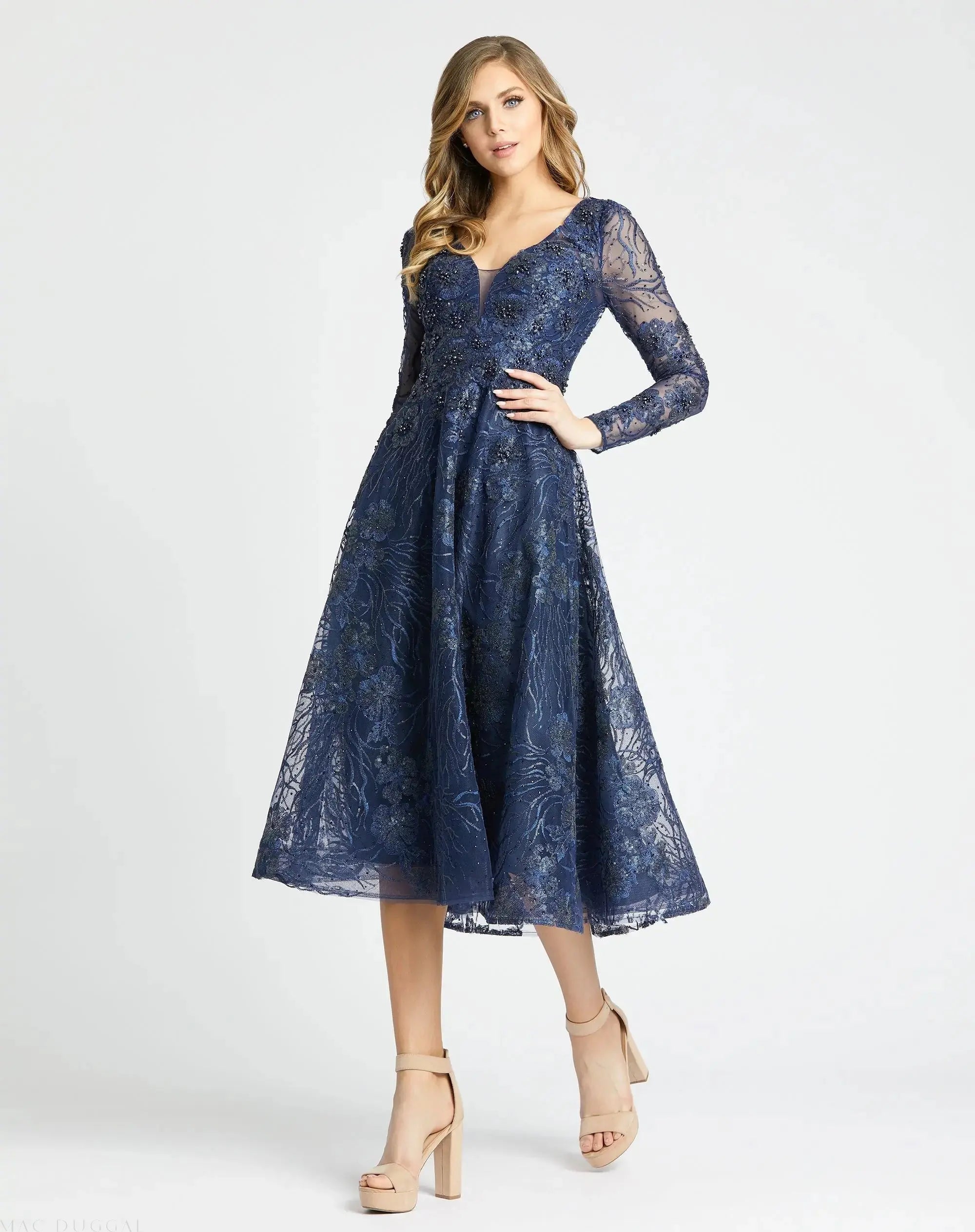 Navy Embellished Plunge Neck Illusion Long Sleeve Midi