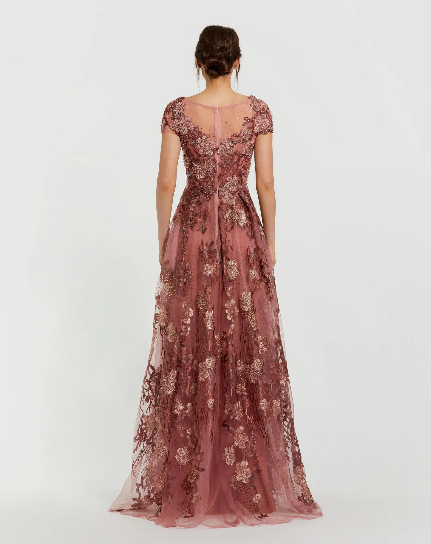 Pink Floral Embroidered Cap Sleeve Evening Gown - Mac Duggal