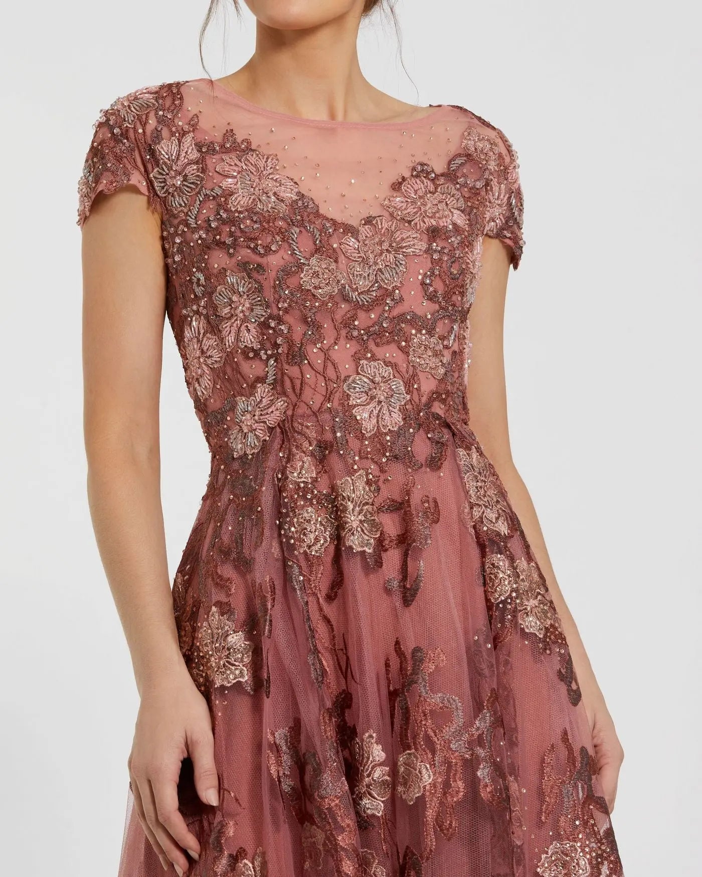 Pink Floral Embroidered Cap Sleeve Evening Gown - Mac Duggal