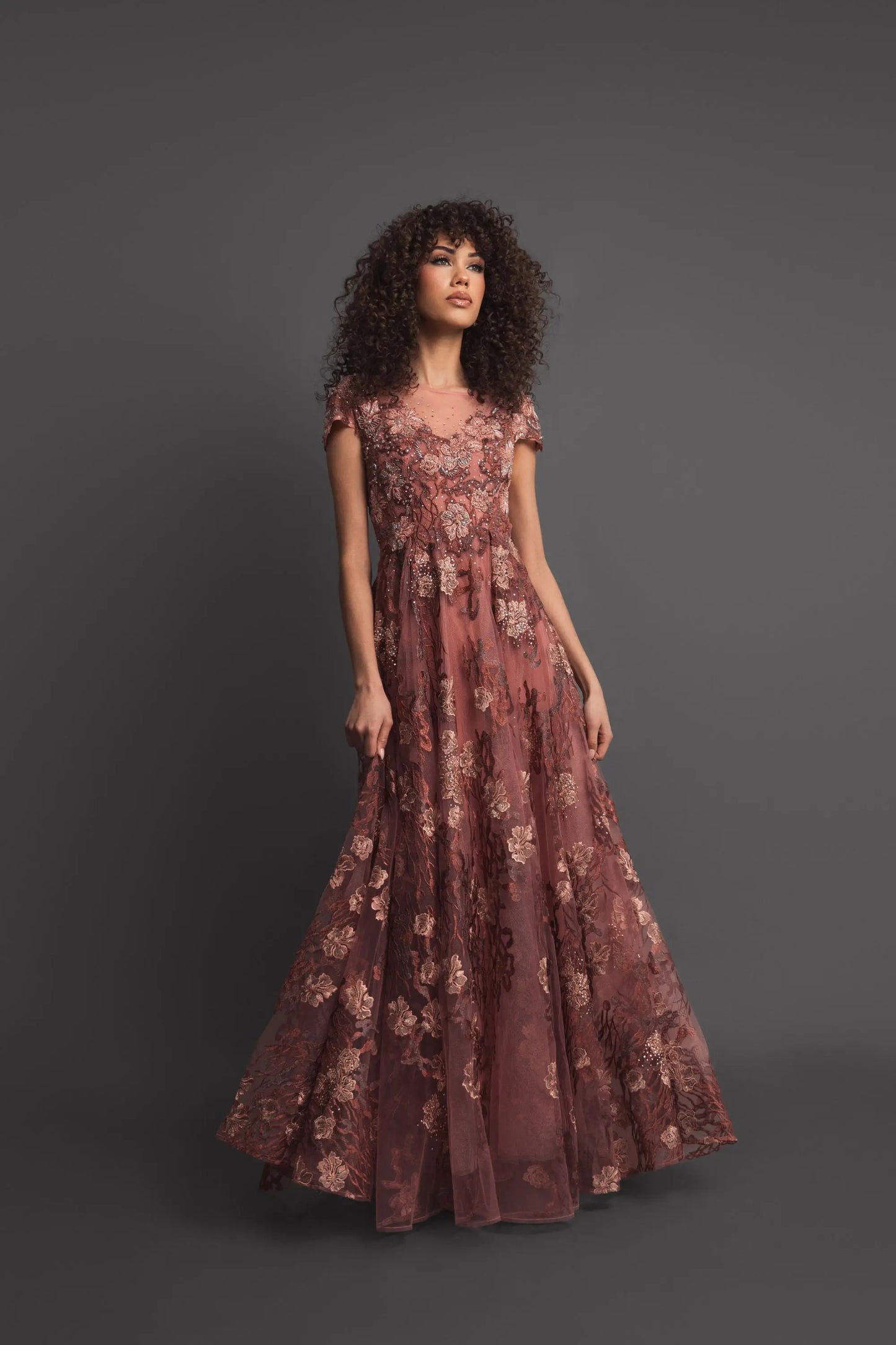 Pink Floral Embroidered Cap Sleeve Evening Gown Mac Duggal