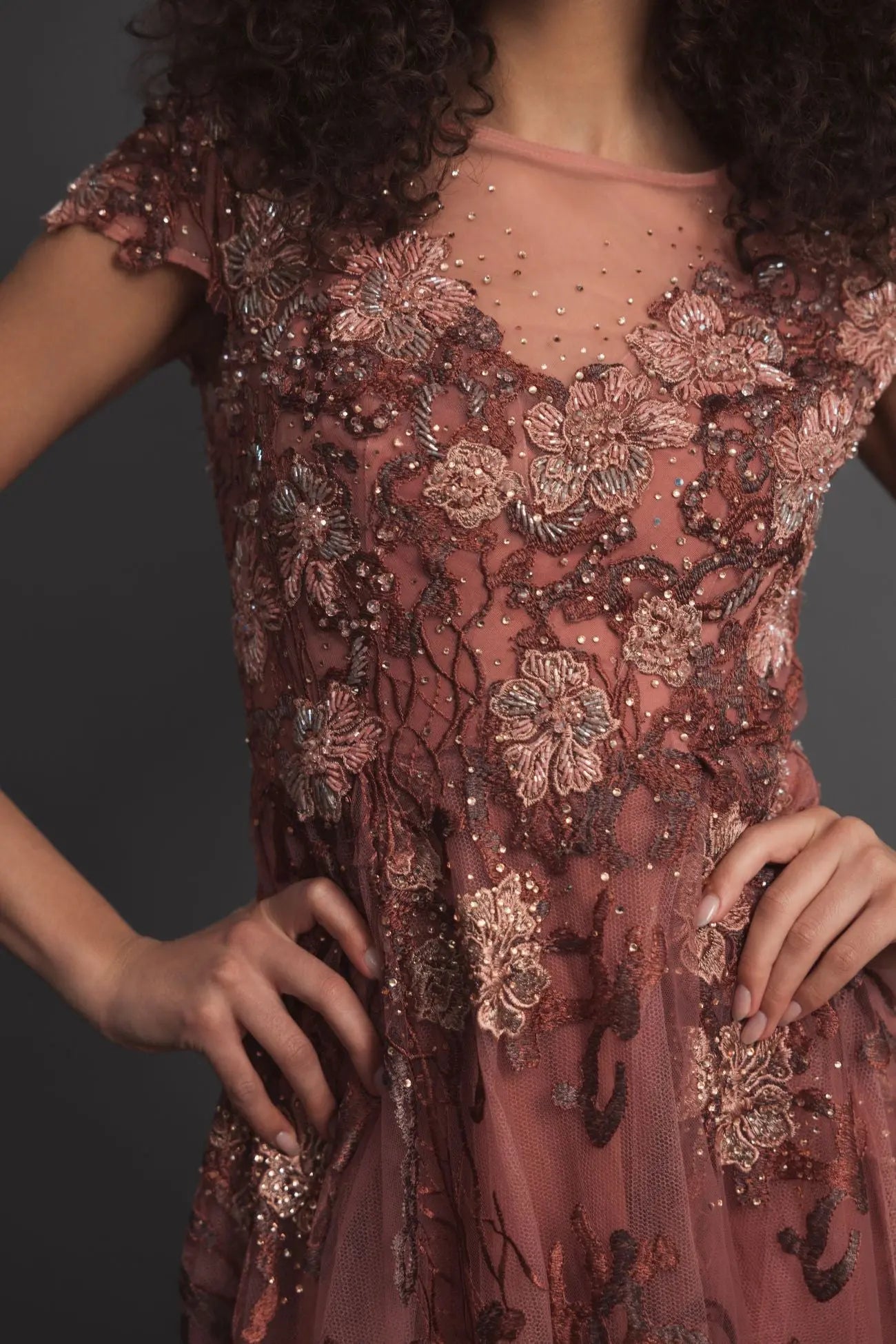 Pink Floral Embroidered Cap Sleeve Evening Gown Mac Duggal