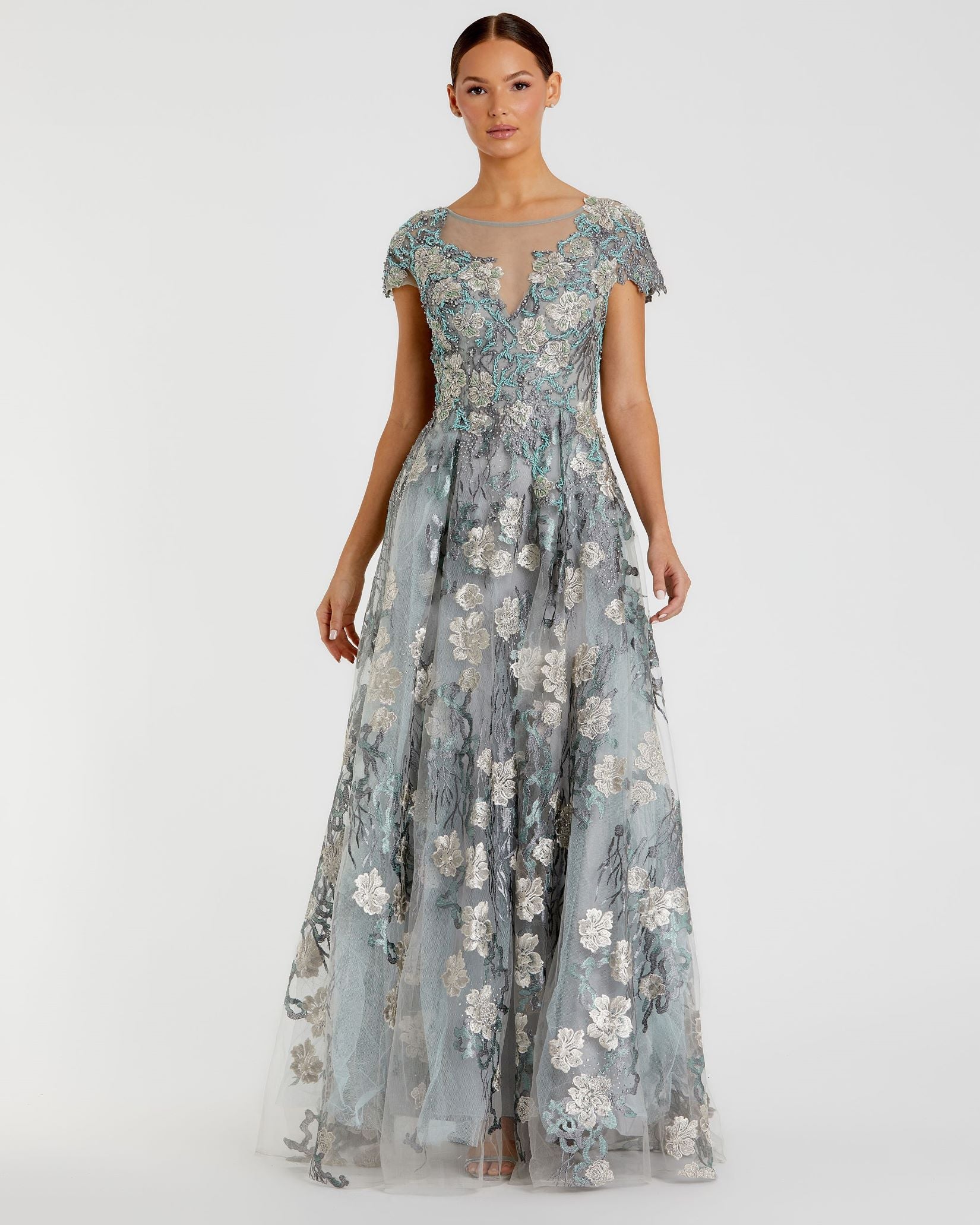 Floral Embroidered Short Sleeve Gown