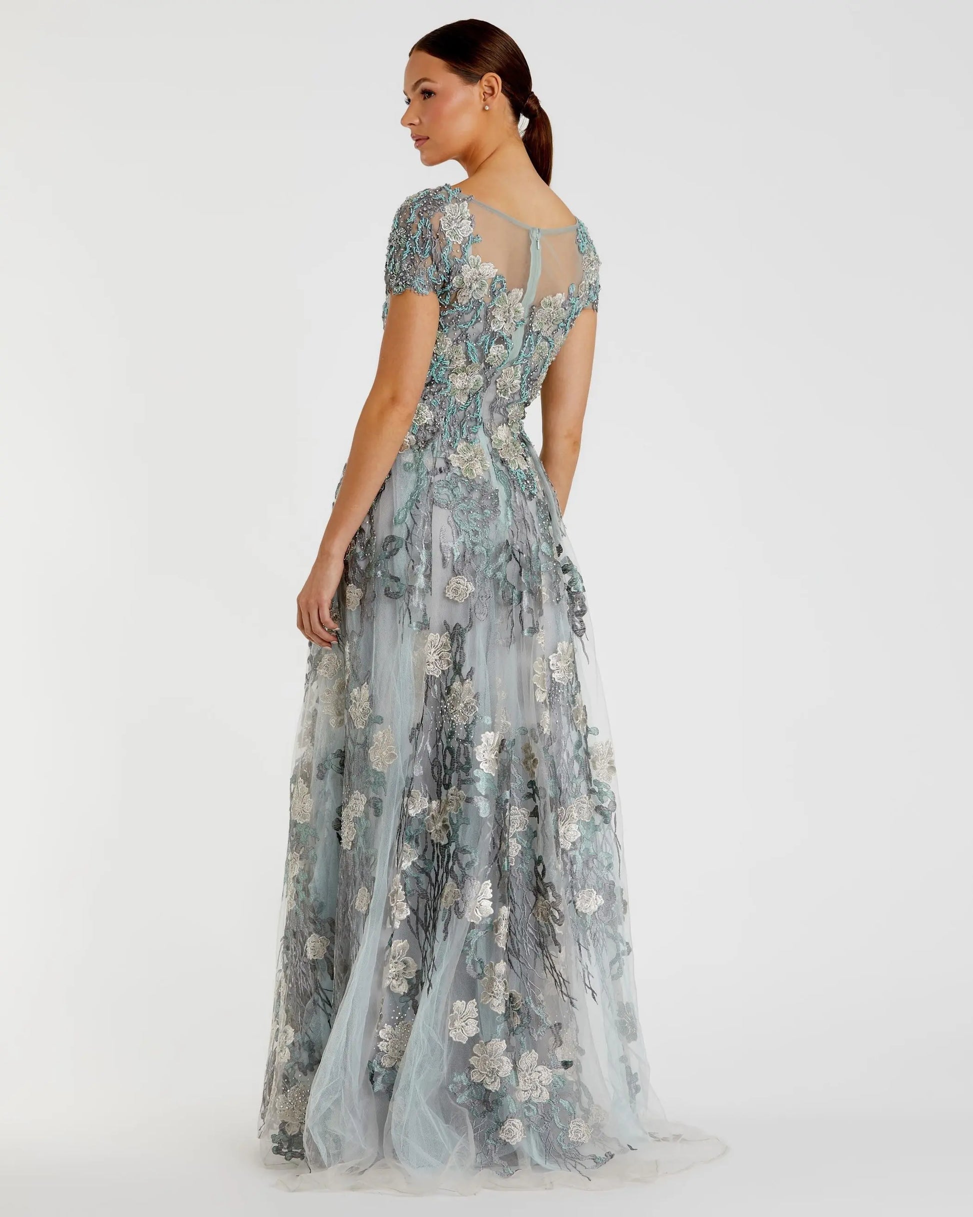 Green Floral Embroidered Short Cap Evening Gown | Mac Duggal Green Floral Embroidered Short Cap Evening Gown | Mac Duggal