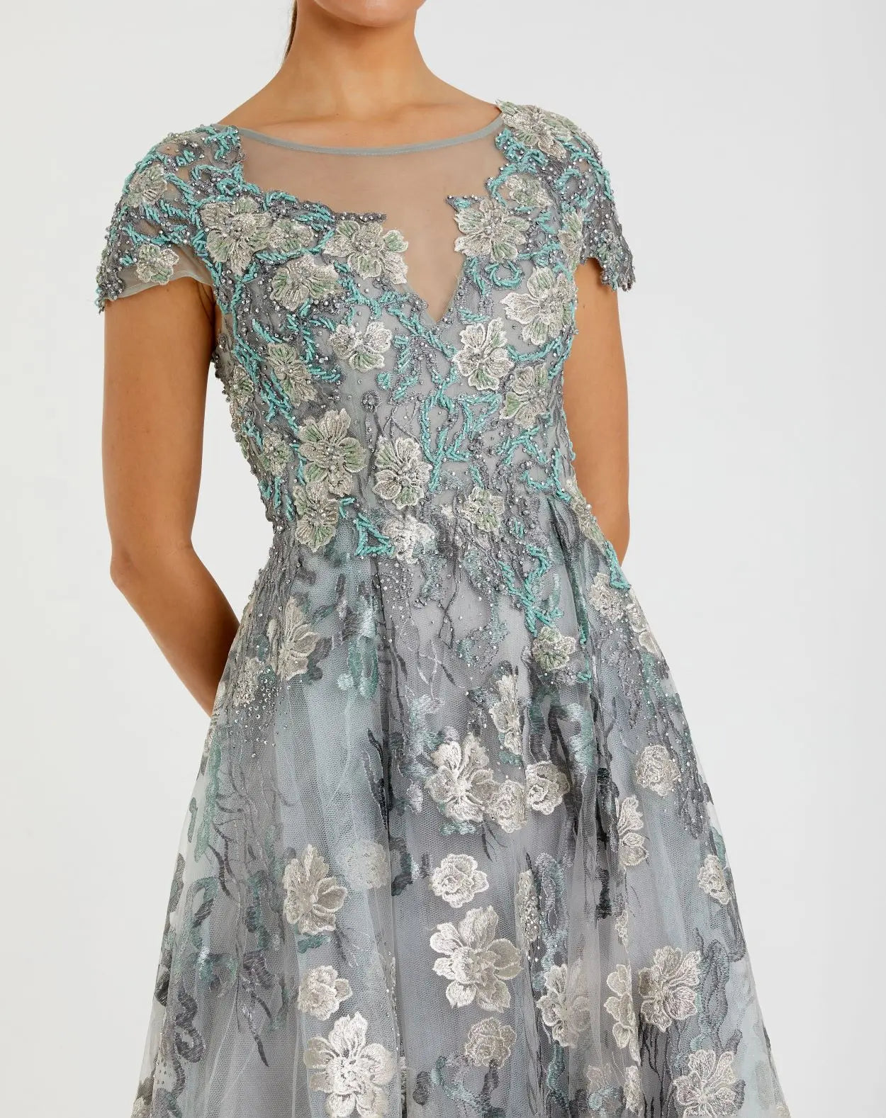 Green Floral Embroidered Short Cap Evening Gown - FINAL SALE Green Floral Embroidered Short Cap Evening Gown - FINAL SALE