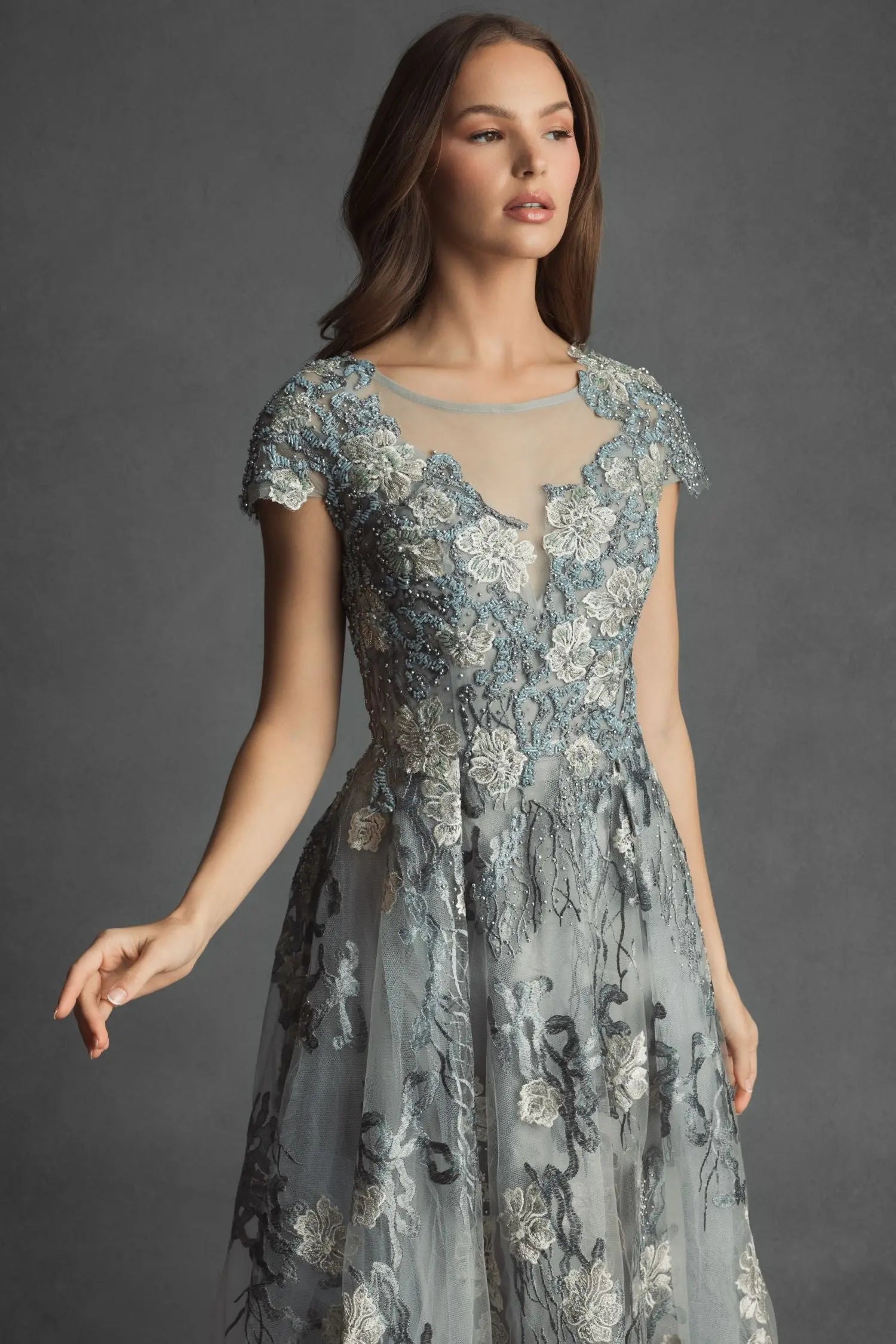 Green Floral Embroidered Short Cap Evening Gown | Mac Duggal Green Floral Embroidered Short Cap Evening Gown | Mac Duggal