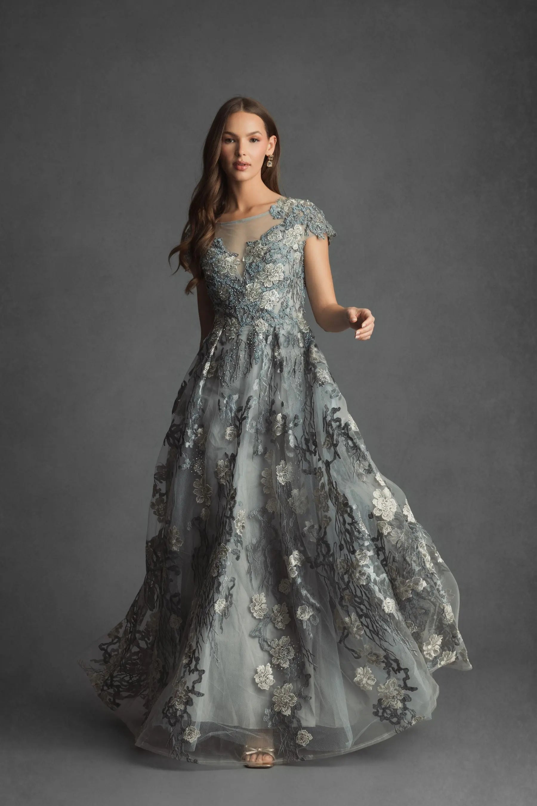 Green Floral Embroidered Short Sleeve Gown - Mac Duggal