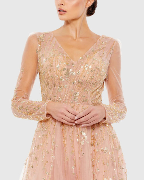 Light Pink Embellished V Neck Long Sleeve A Line Gown