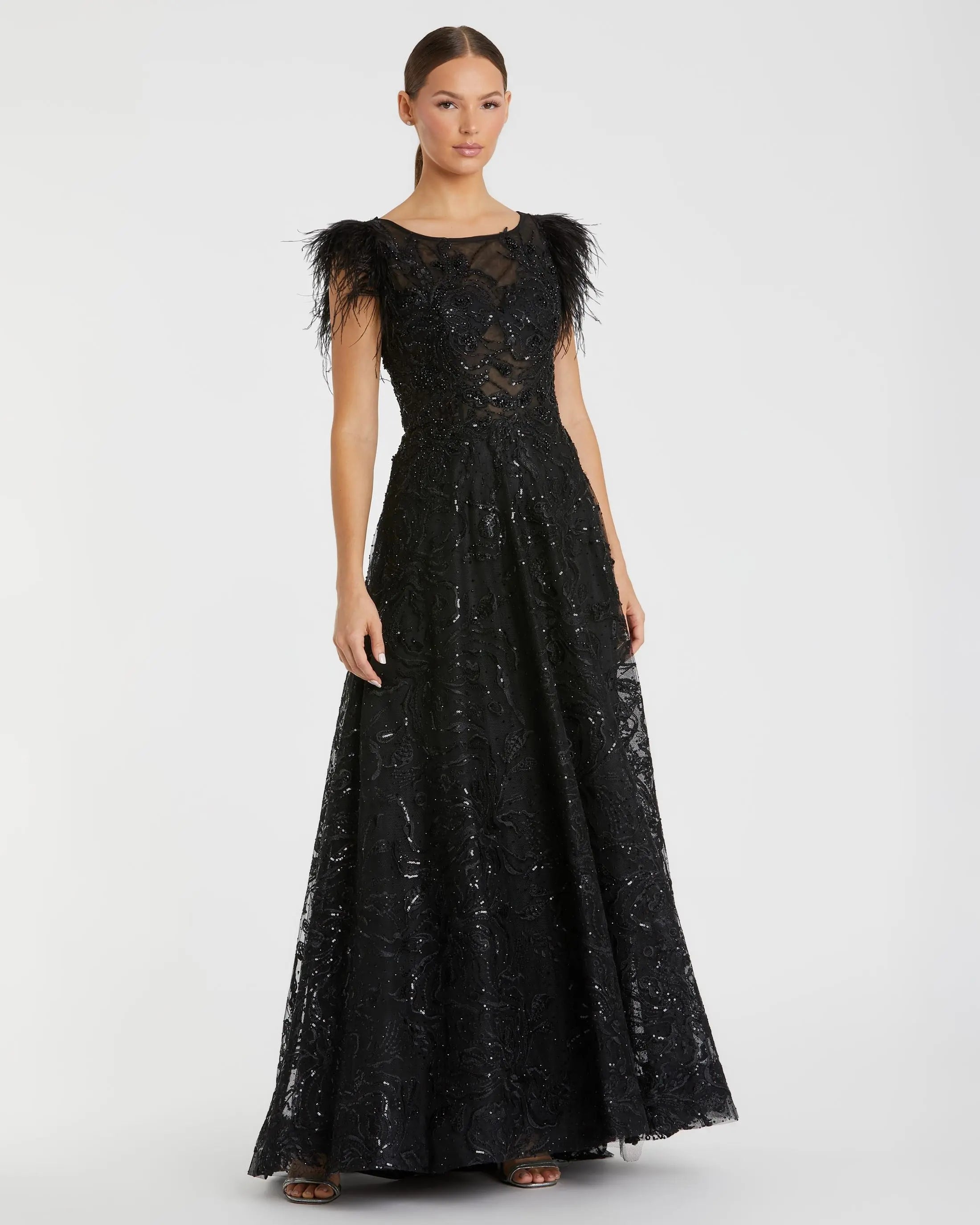 Black Embellished Feather Cap Sleeve Bateau A Line Gown - Mac Duggal