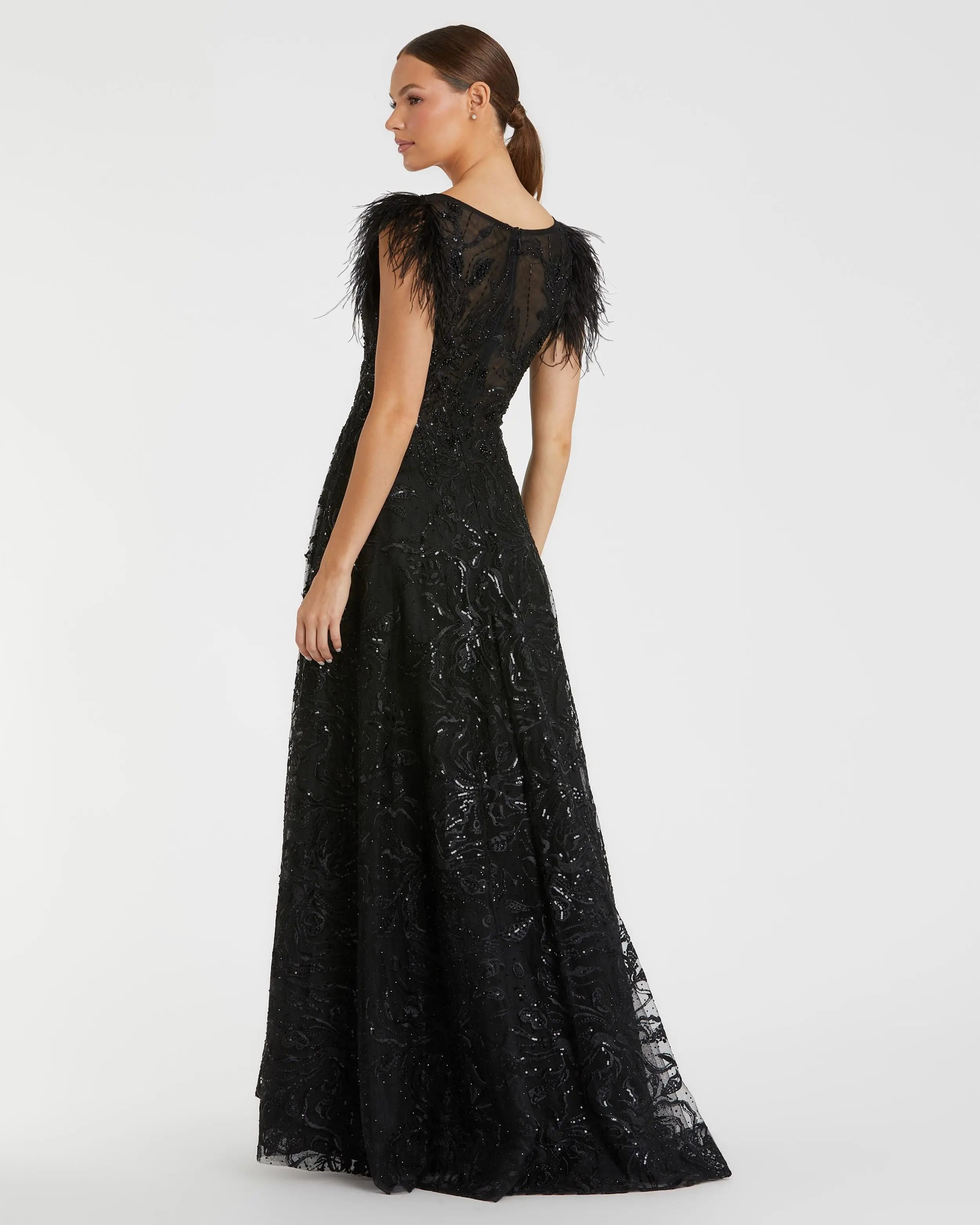 Black Embellished Feather Cap Sleeve Bateau A Line Gown - Mac Duggal