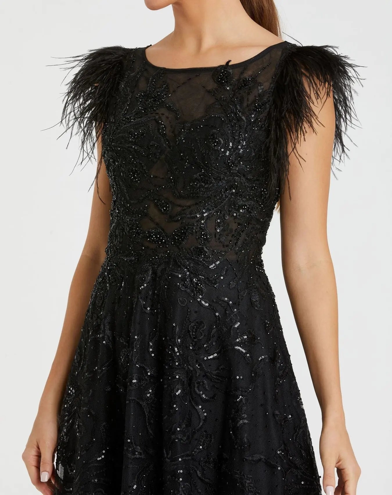 Black Embellished Feather Cap Sleeve Bateau A Line Gown - Mac Duggal