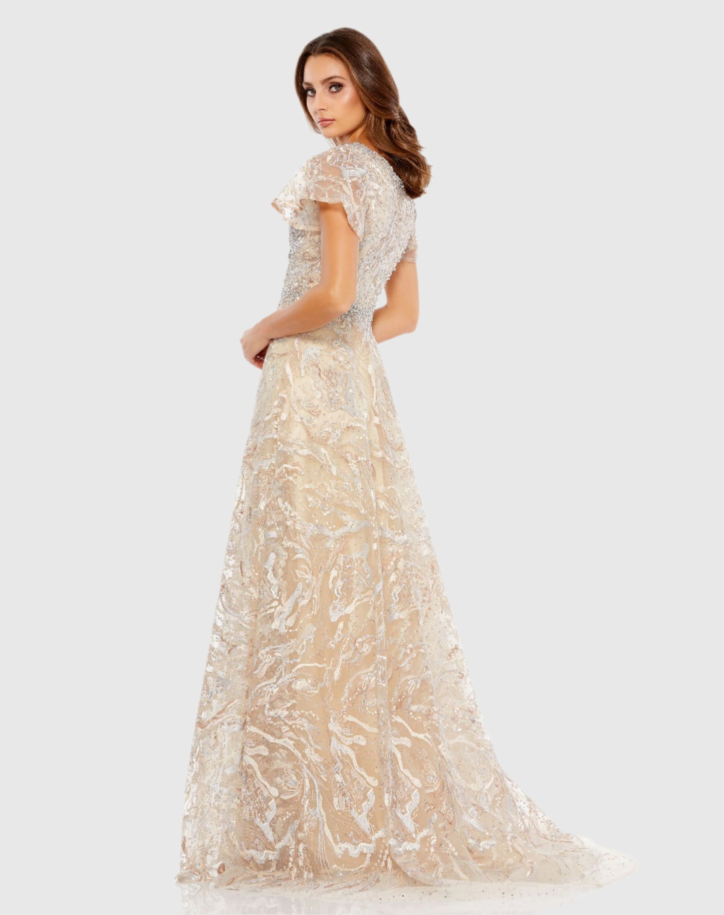 Beige Embellished Illusion Butterfly Sleeve A-Line Gown