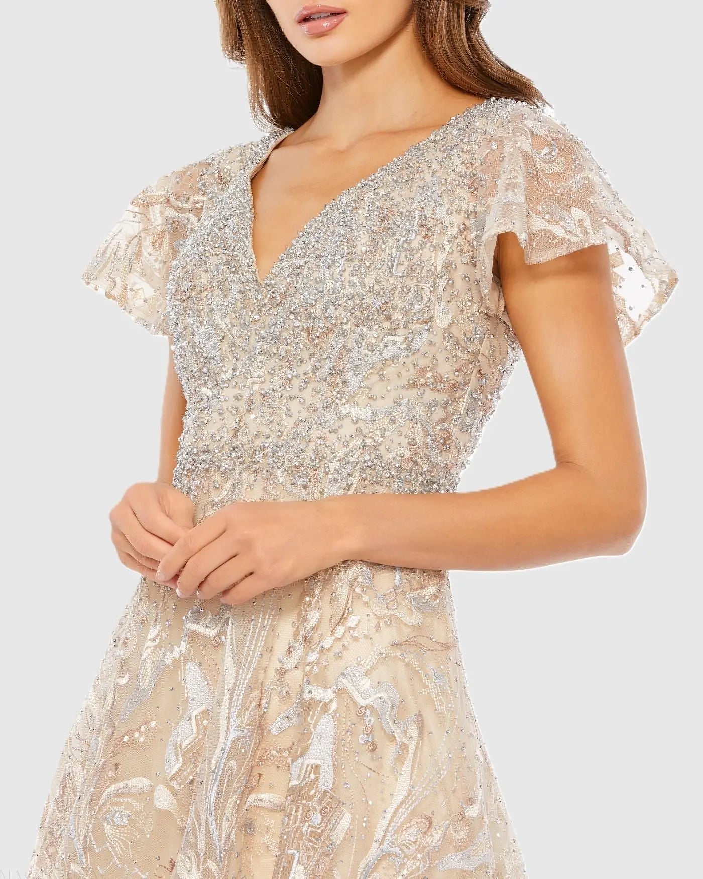 Mac Duggal - Beige Embellished Illusion Butterfly Sleeve A-Line Gown - US 10 Mac Duggal - Beige Embellished Illusion Butterfly Sleeve A-Line Gown - US 10