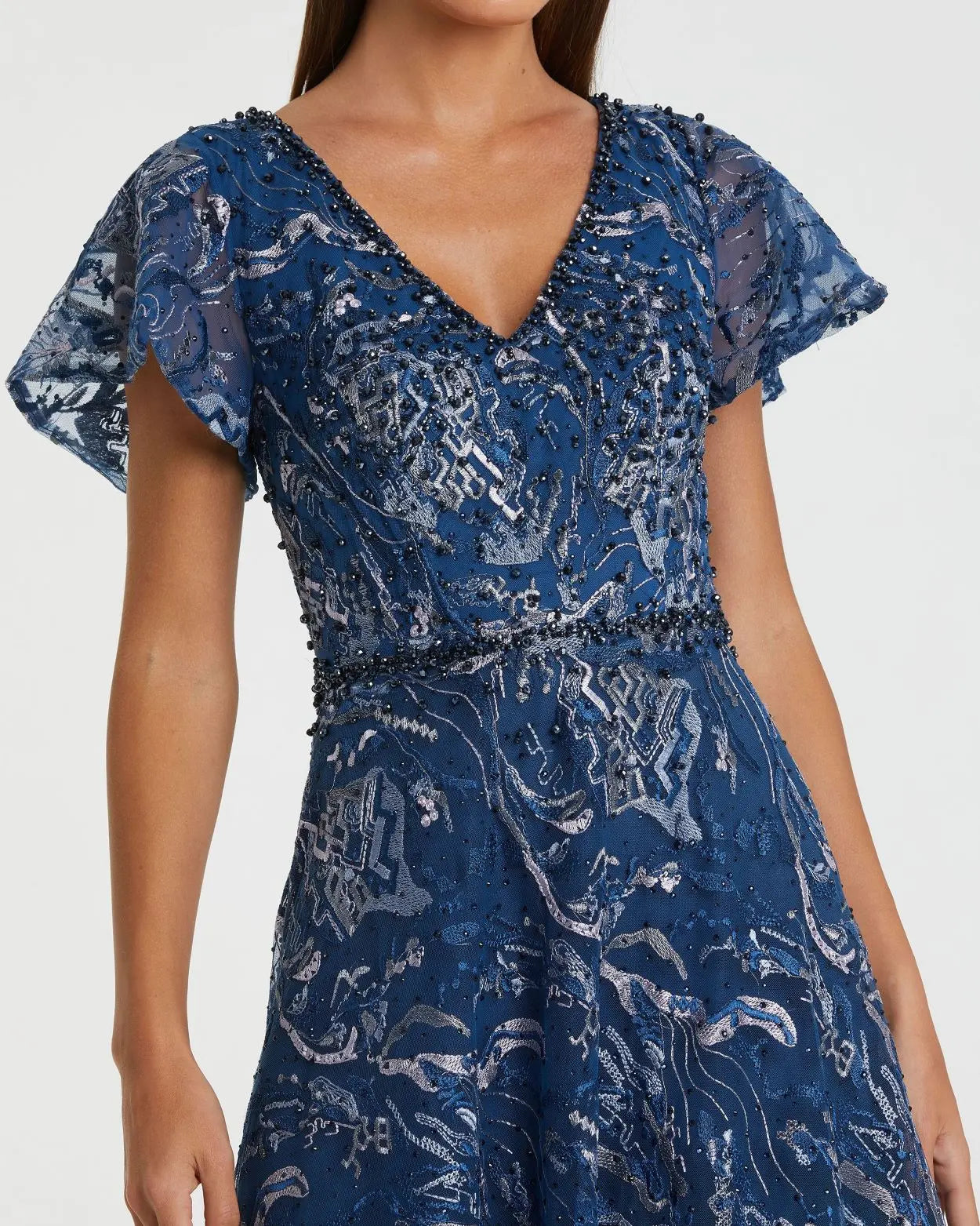 Mac Duggal - Navy Embellished Illusion Butterfly Sleeve A-Line Gown - US 10 Mac Duggal - Navy Embellished Illusion Butterfly Sleeve A-Line Gown - US 10