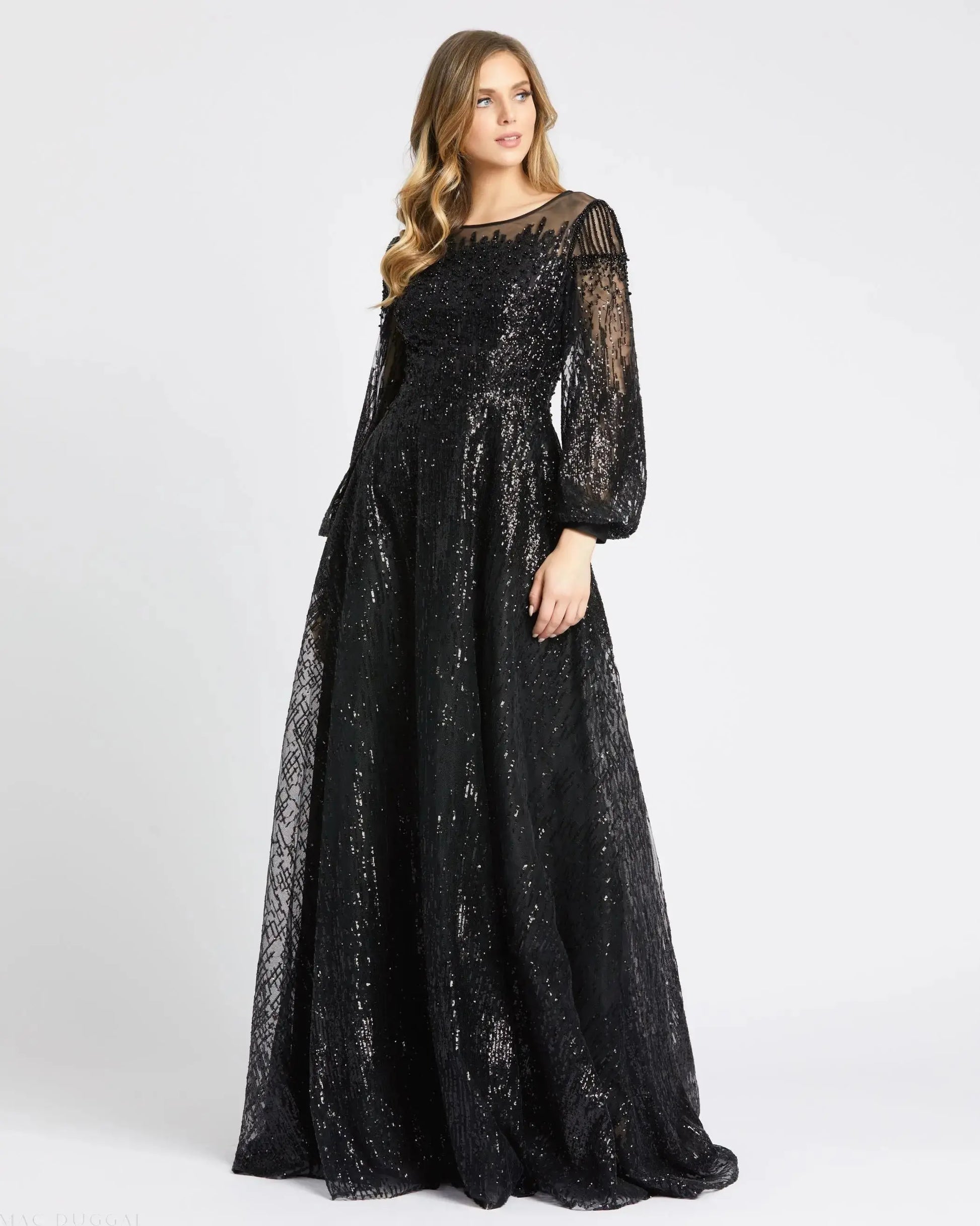 Black Jewel Encrusted Illusion Long Sleeve A Line Gown Black Jewel Encrusted Illusion Long Sleeve A Line Gown