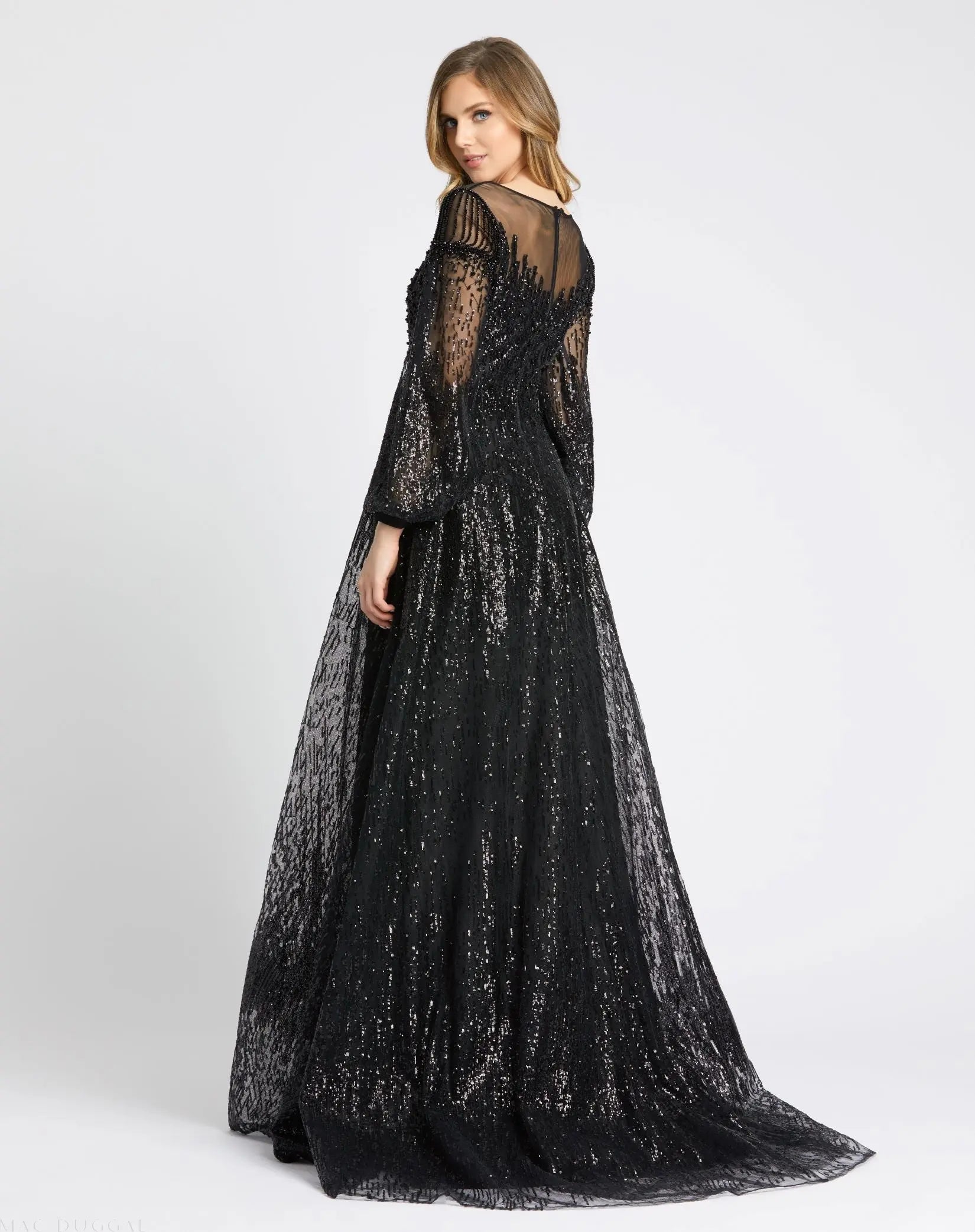 Black Jewel Encrusted Illusion Long Sleeve A Line Gown - Mac Duggal