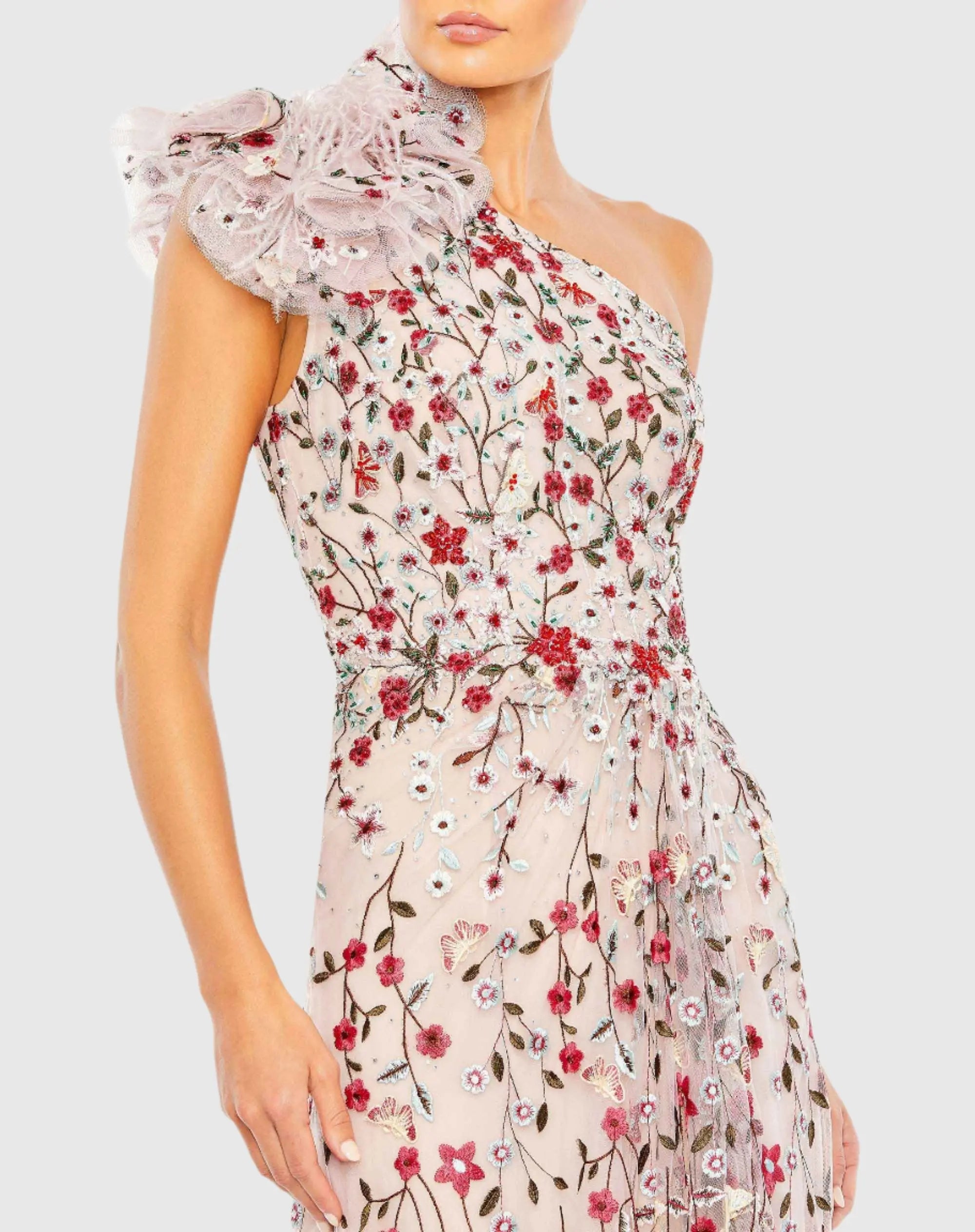 strapless open back dress Mac Duggal - Pink Embellished One Shoulder A Line Floral Gown