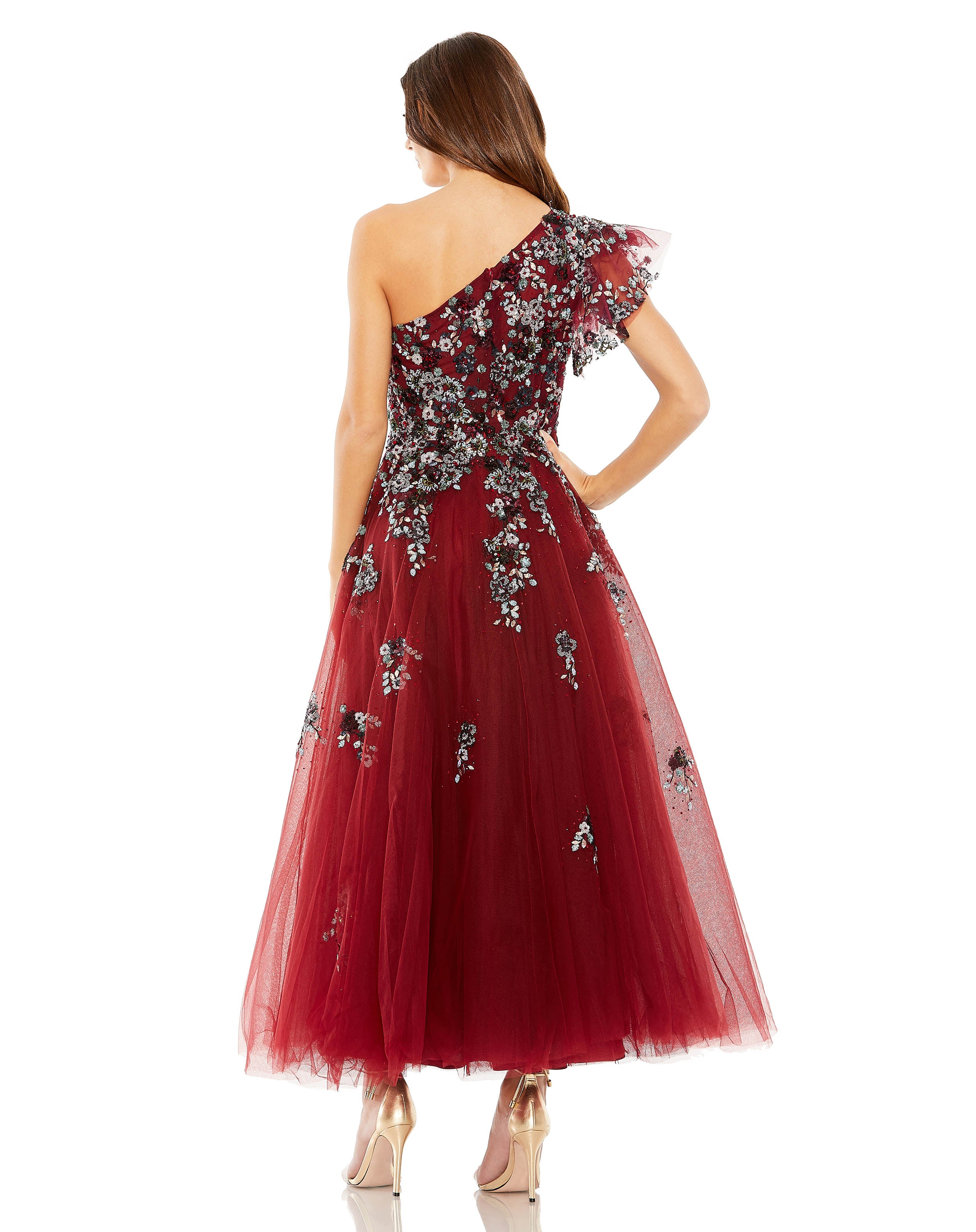 Embellished Ruffle One Shoulder Fit and Flare Dress | Sample | Sz. 2