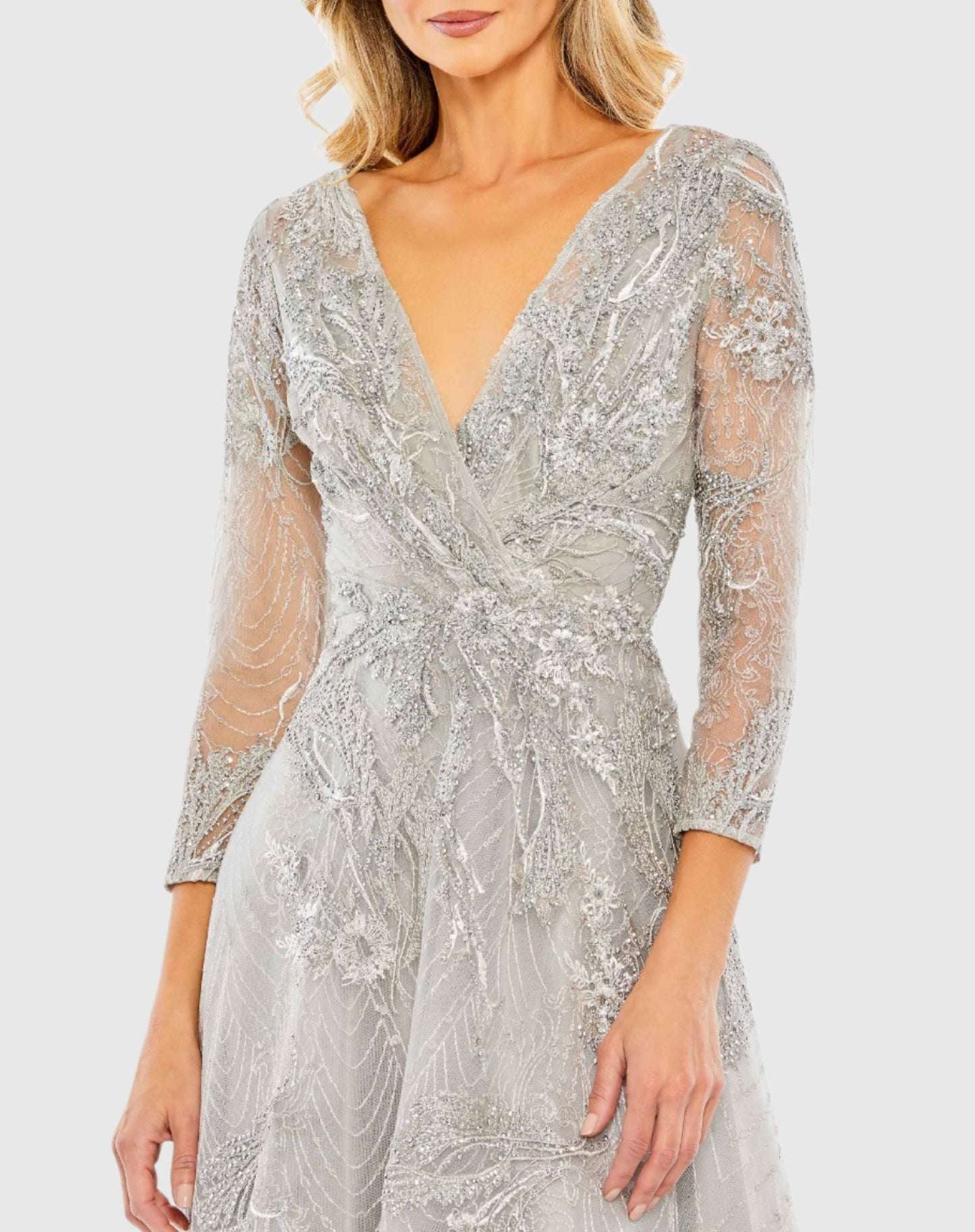 Embellished Wrap Over 3/4 Sleeve Dress