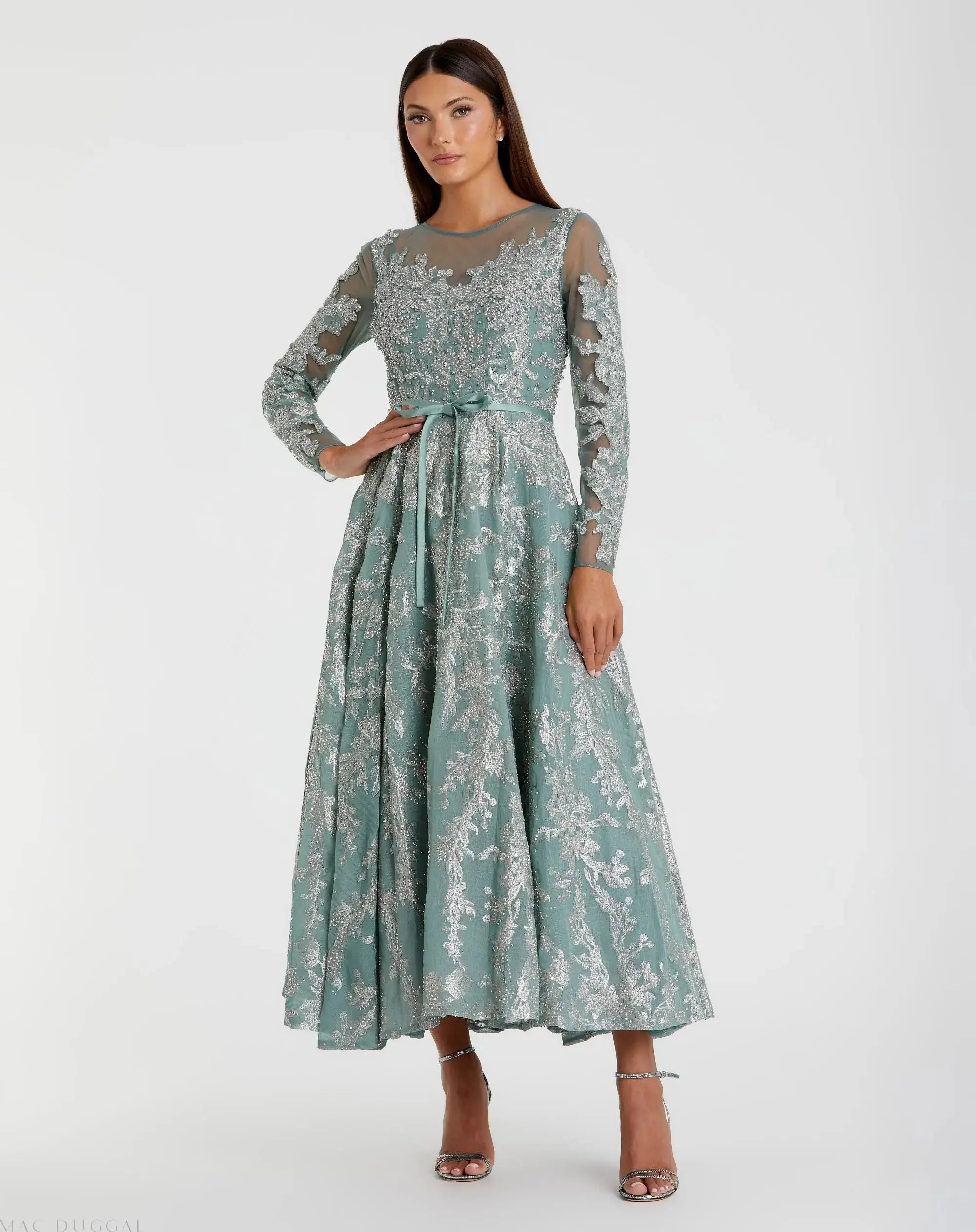 Green Embellished Bow Belt Illusion Long Sleeve A Line Dress - Mac Duggal