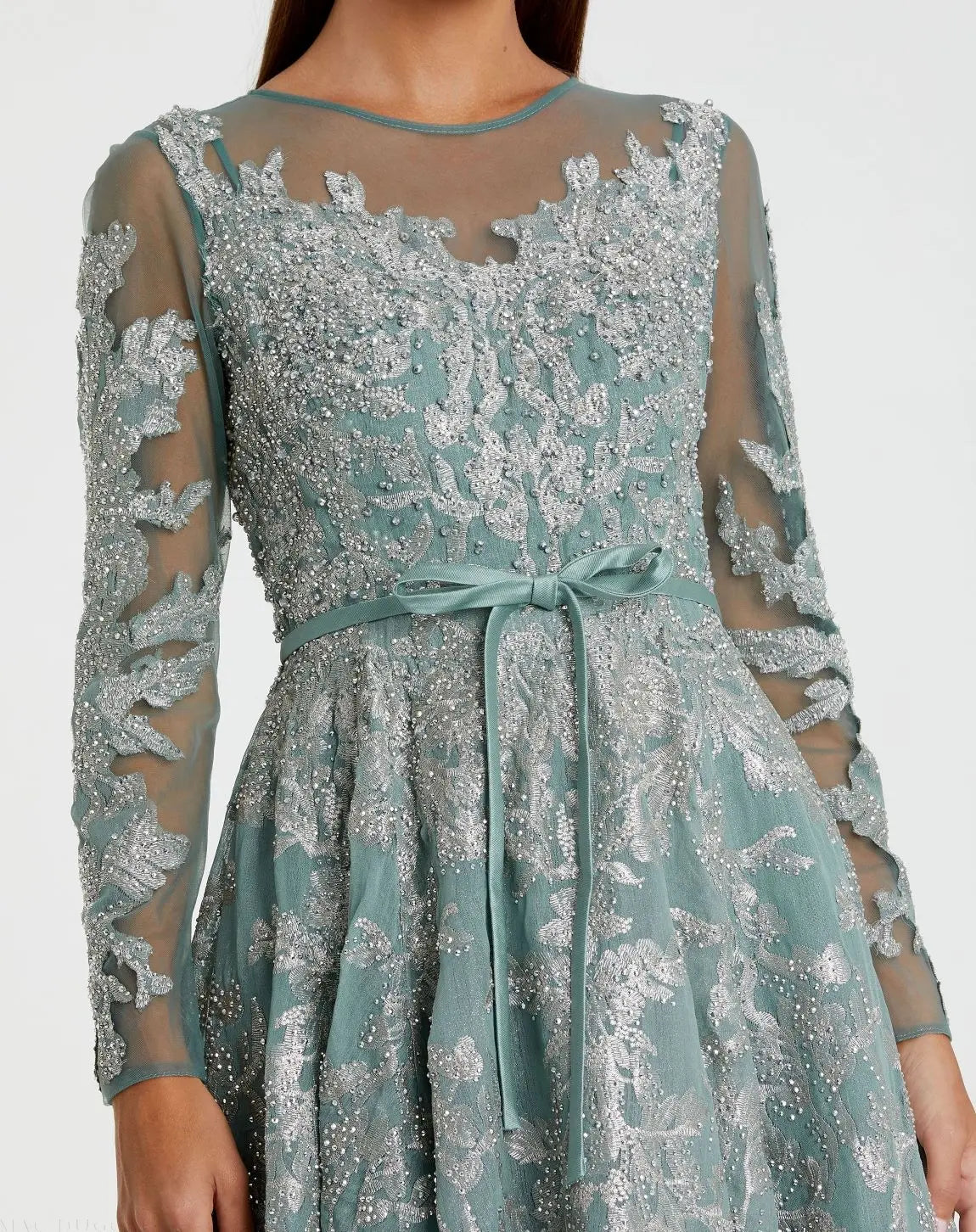 Green Embellished Bow Belt Illusion Long Sleeve A Line Dress - Mac Duggal