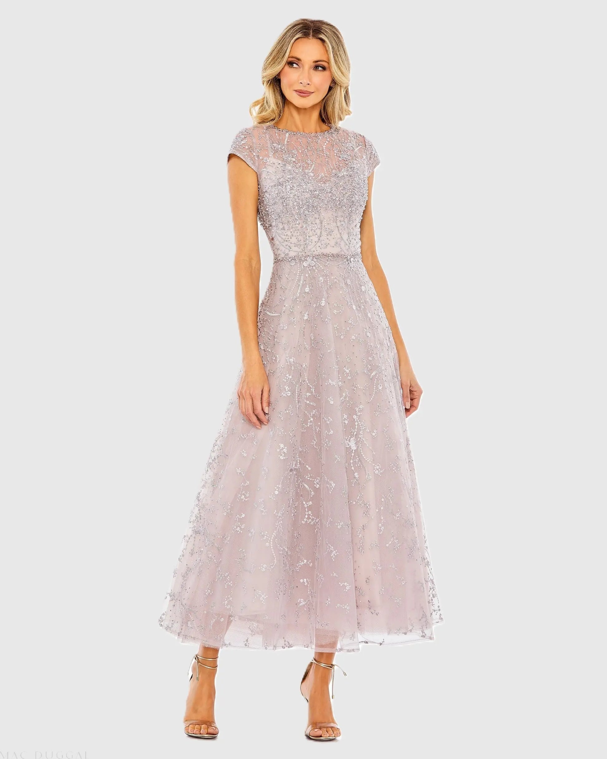 Purple Embellished High Neck Cap Sleeve A Line Dress | Mac Duggal Purple Embellished High Neck Cap Sleeve A Line Dress | Mac Duggal
