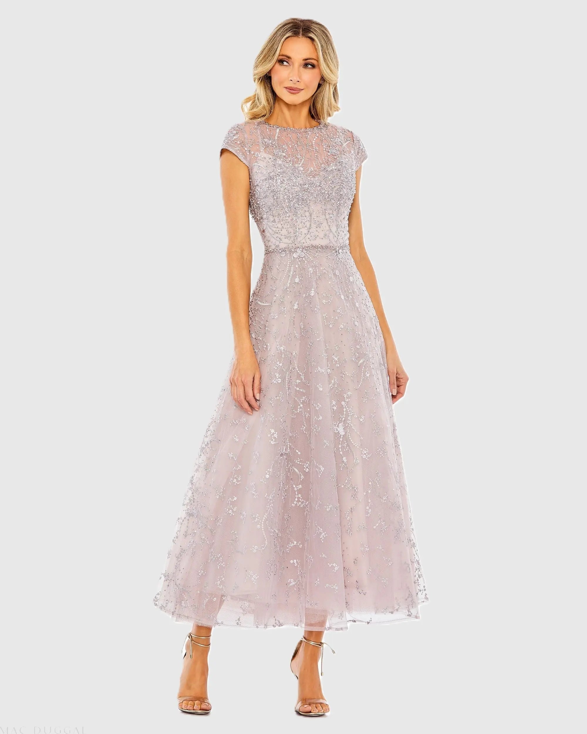 Purple Embellished High Neck Cap Sleeve A Line Dress - Mac Duggal