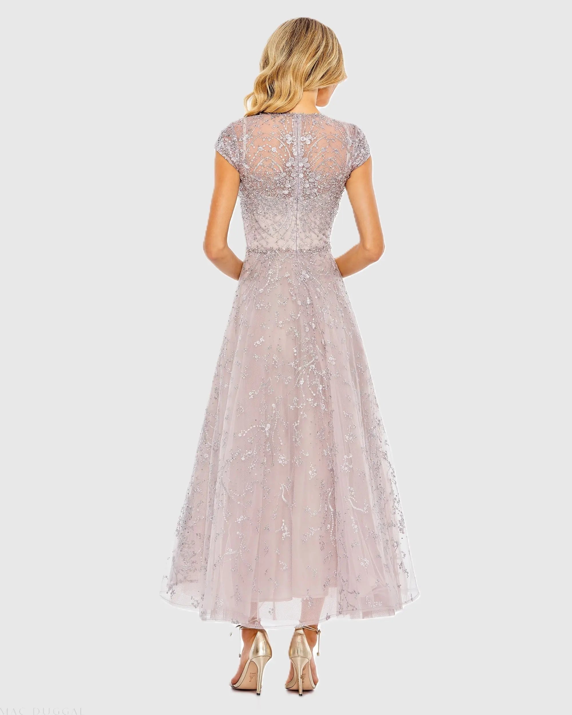 Purple Embellished High Neck Cap Sleeve A Line Dress - Mac Duggal