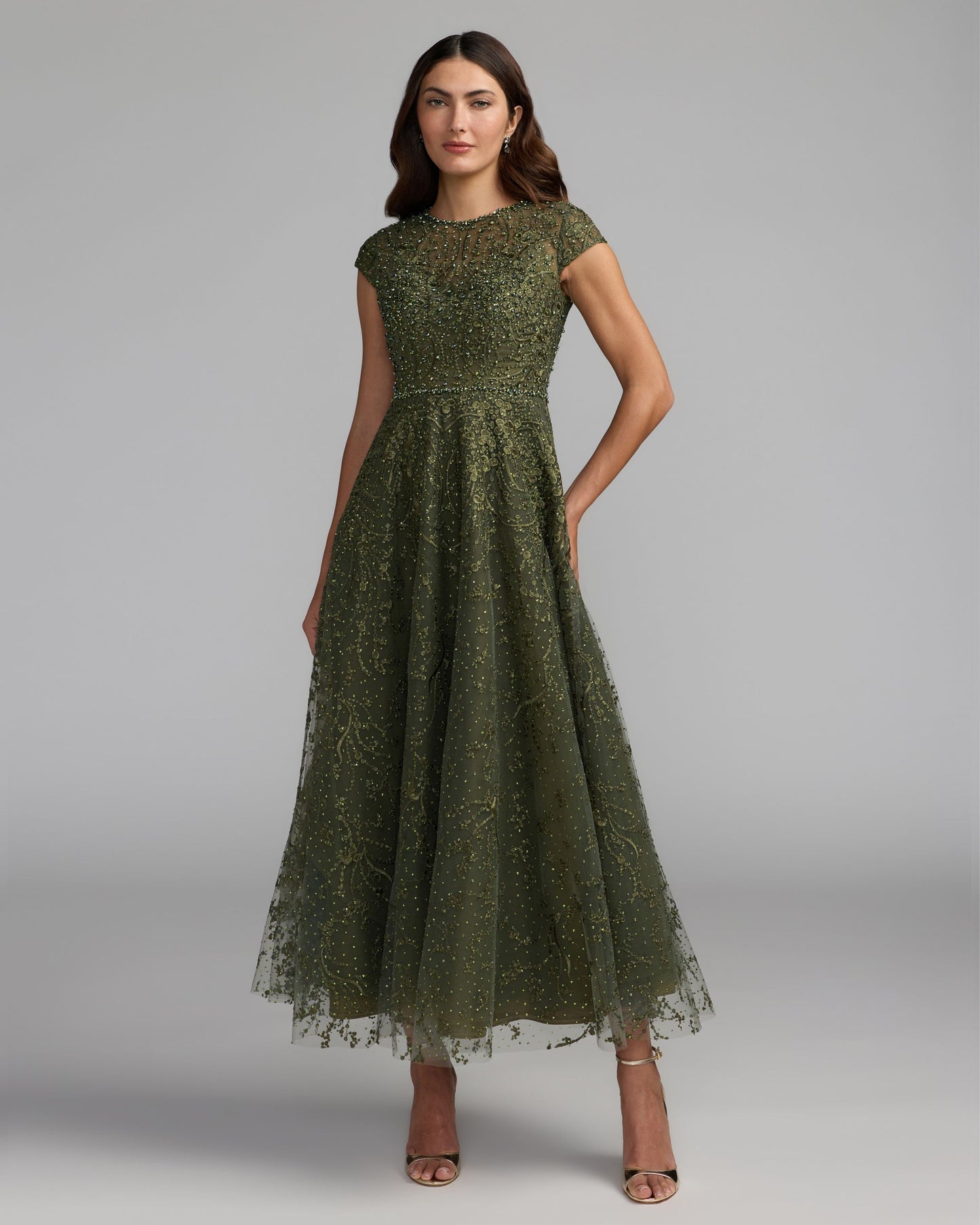 Deep Green Embroidered Tulle Midi Dress Mac Duggal