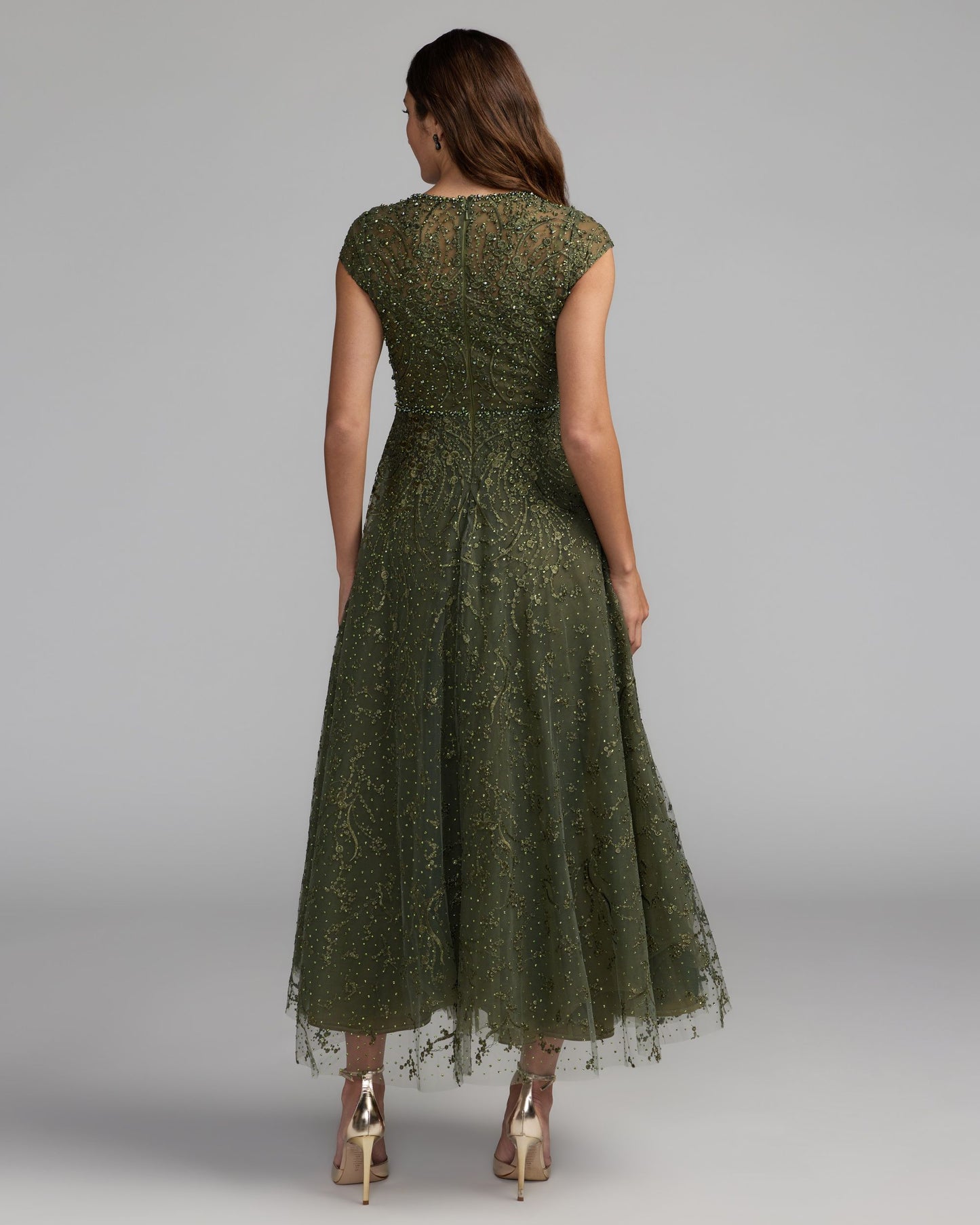 Deep Green Embroidered Tulle Midi Dress Mac Duggal