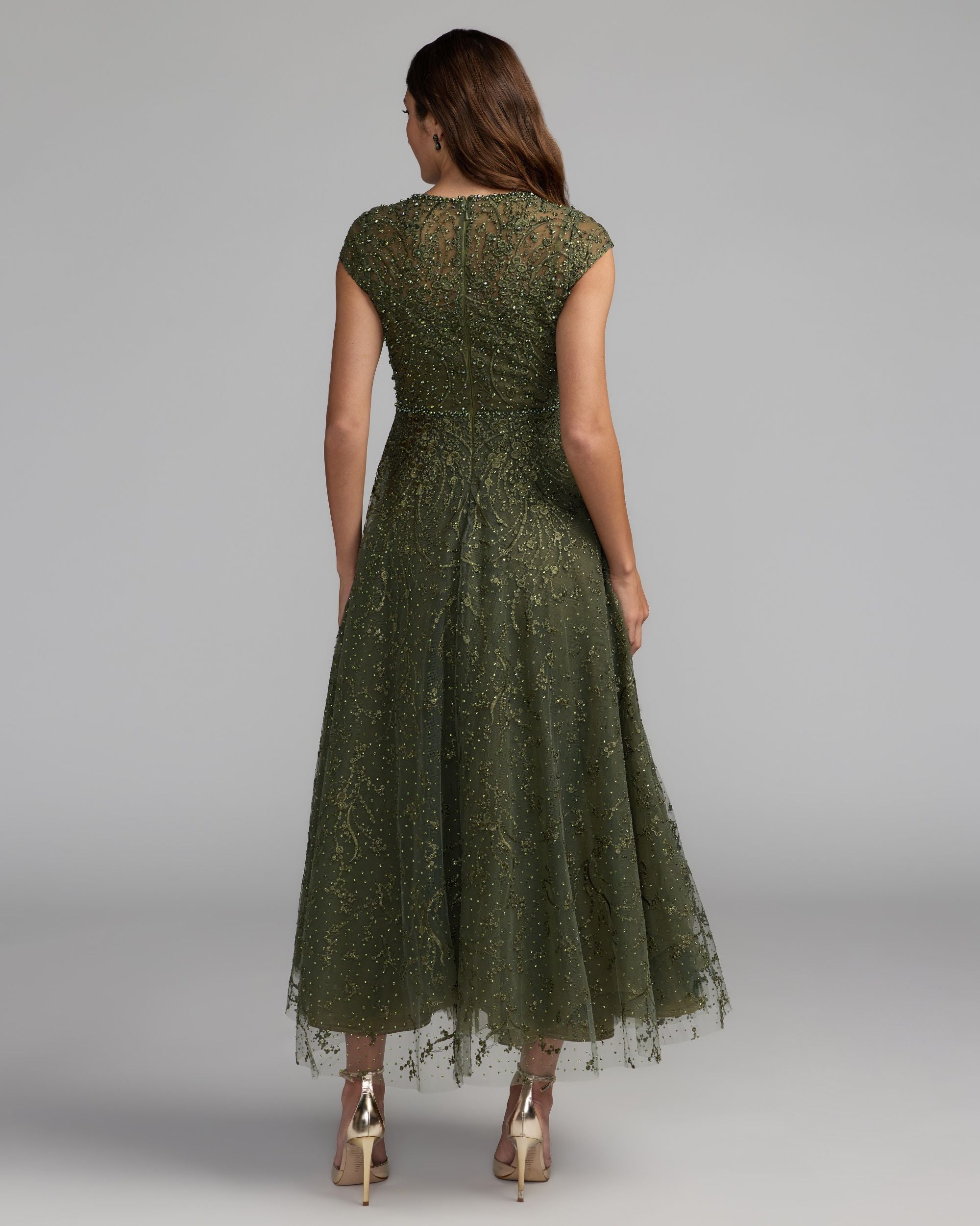 Deep Green Embroidered Tulle Midi Dress Mac Duggal