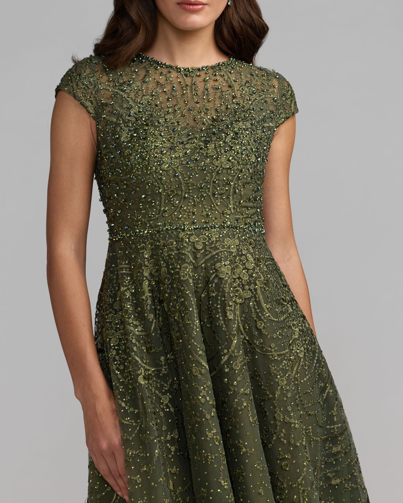 Deep Green Embroidered Tulle Midi Dress Mac Duggal