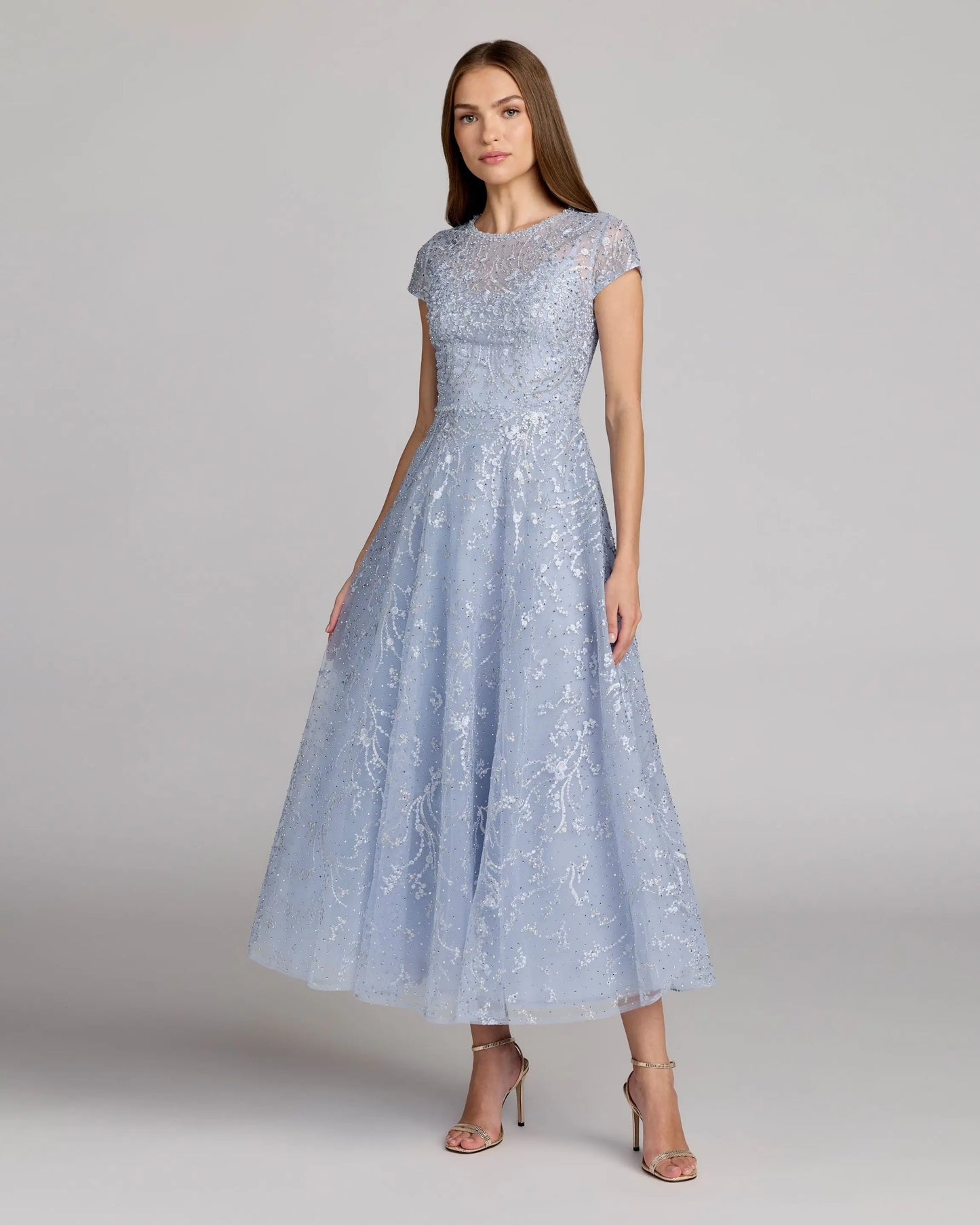 Blue Embellished High Neck Cap Sleeve A Line Dress Mac Duggal