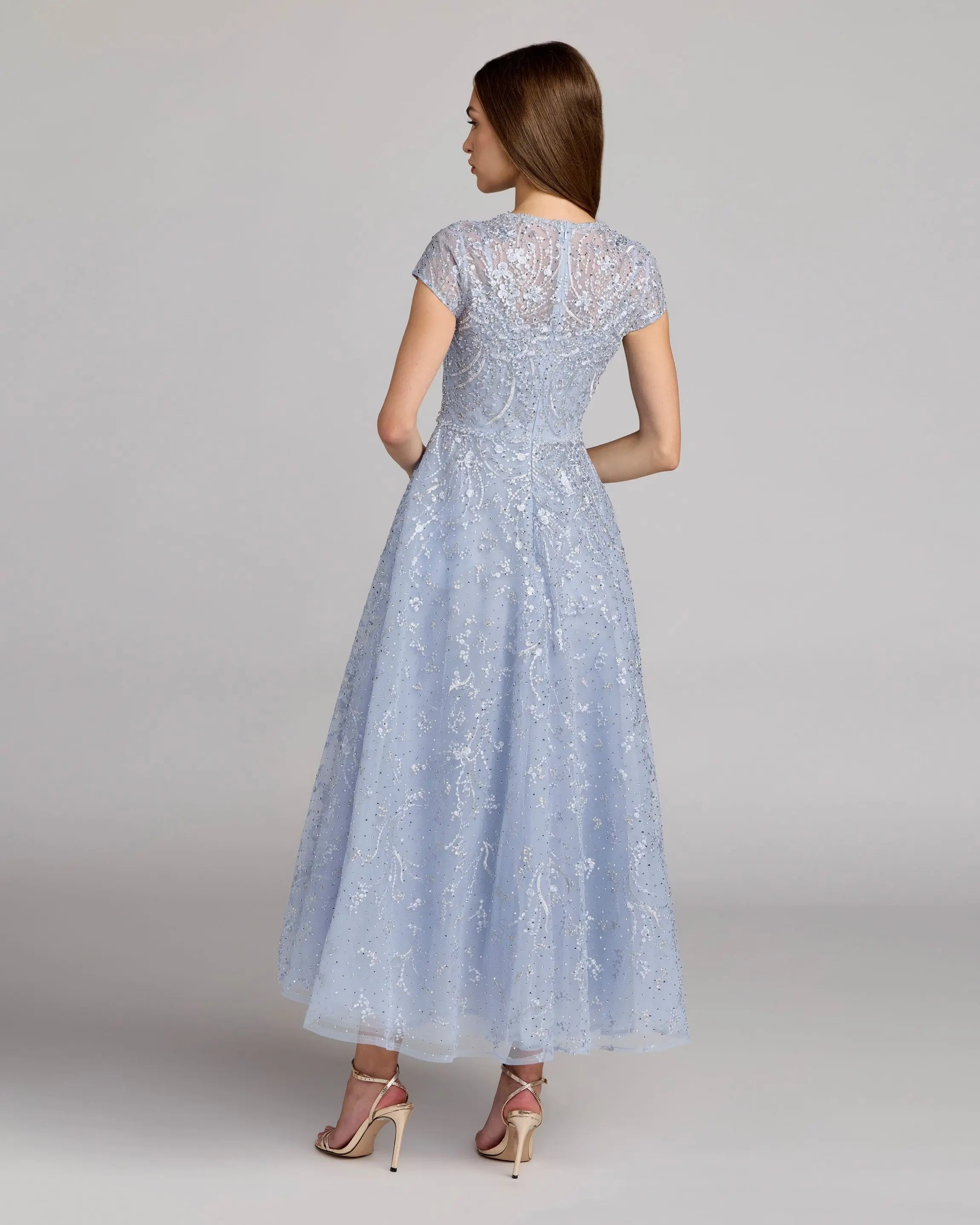 Blue Embellished High Neck Cap Sleeve A Line Dress Mac Duggal