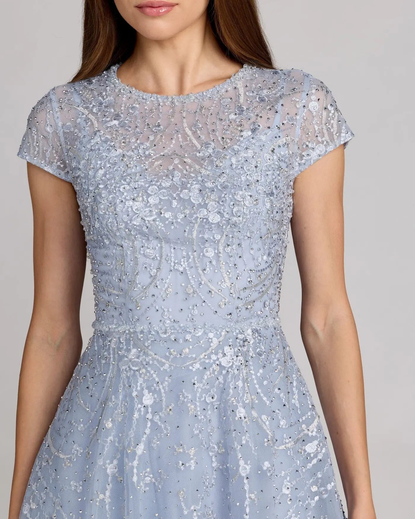 Blue Embellished High Neck Cap Sleeve A Line Dress Mac Duggal